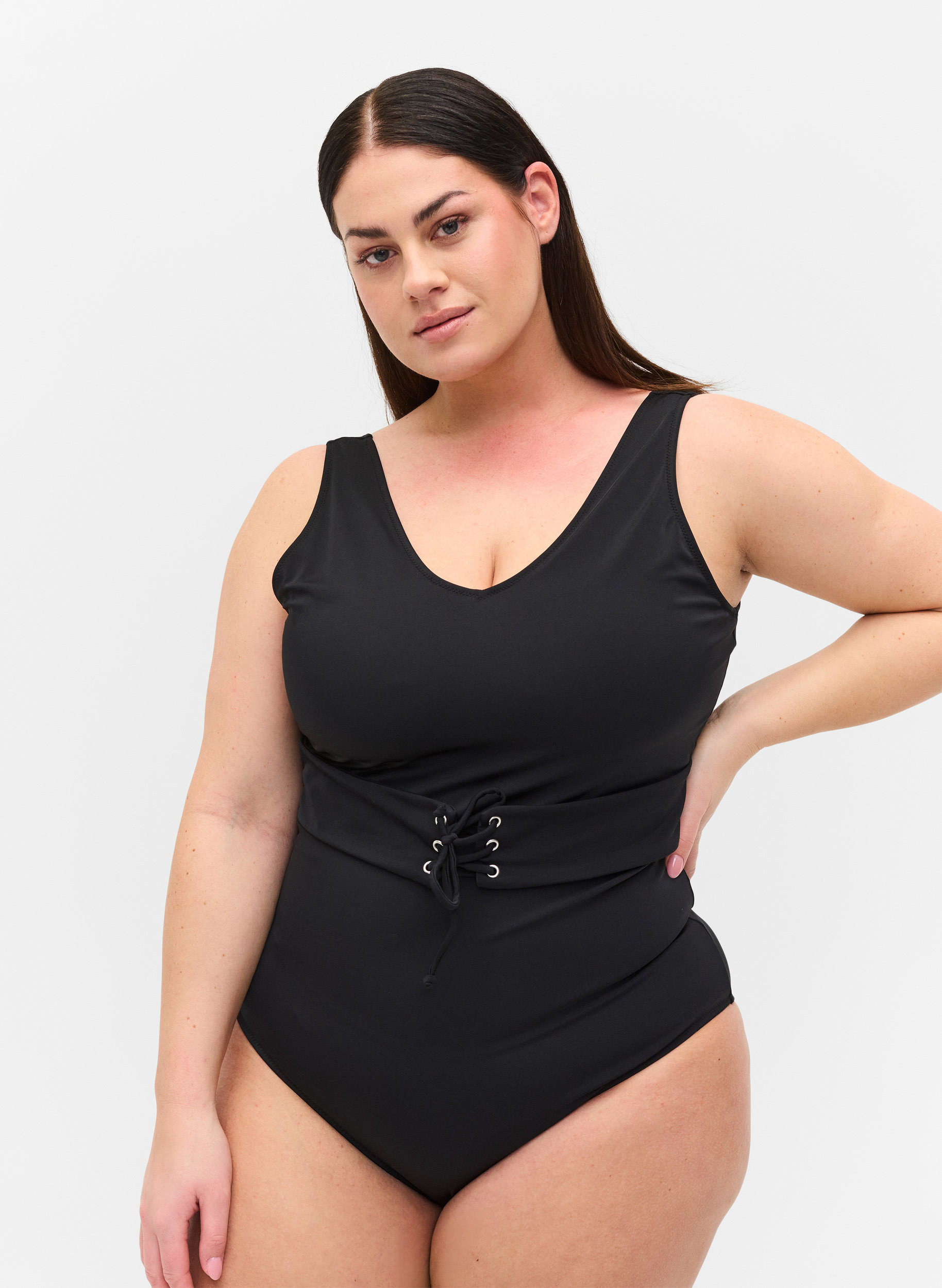 Badeanzug mit Schnurdetails, Black, Model