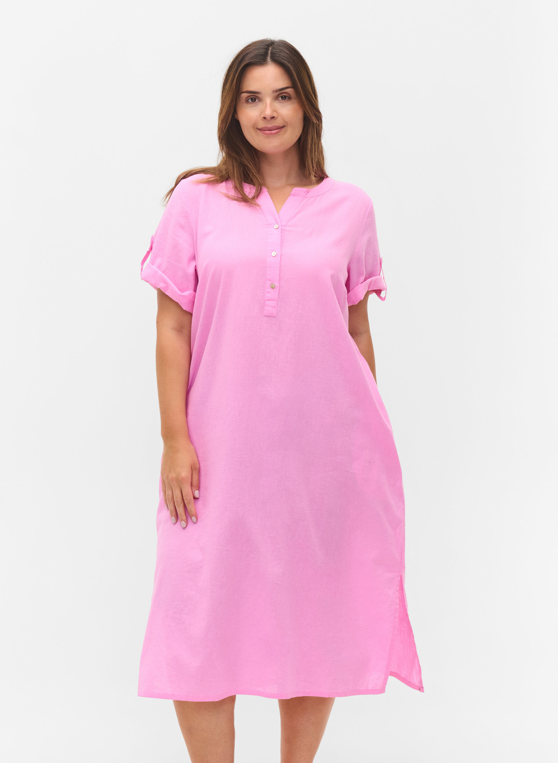 Langes kurzärmeliges Hemdkleid, Begonia Pink, Model