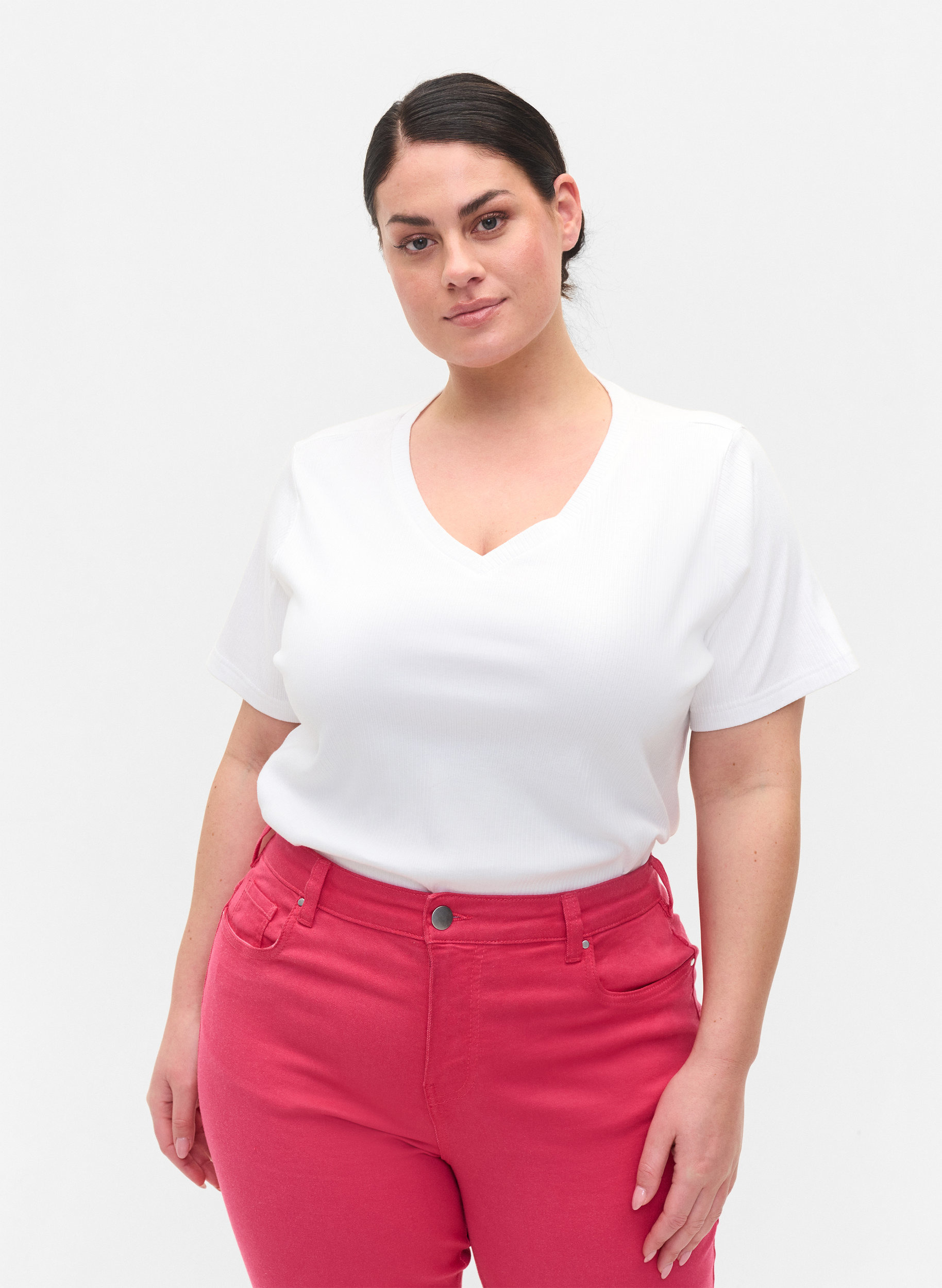 T-Shirt aus Baumwolle mit Rippstruktur, Bright White, Model image number 0