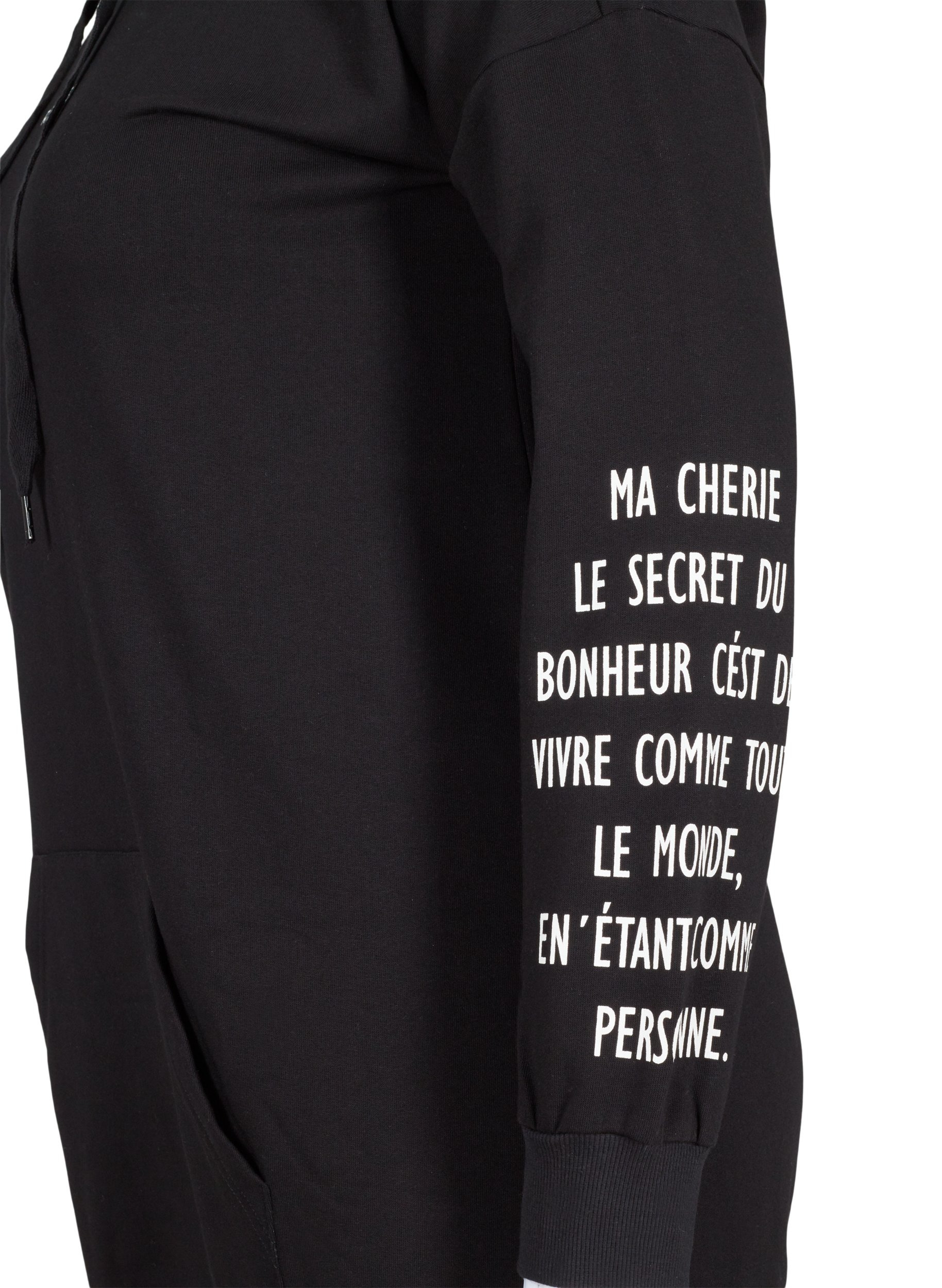 Sweatkleid aus Baumwolle mit Kapuze und Textprint, Black, Packshot image number 3