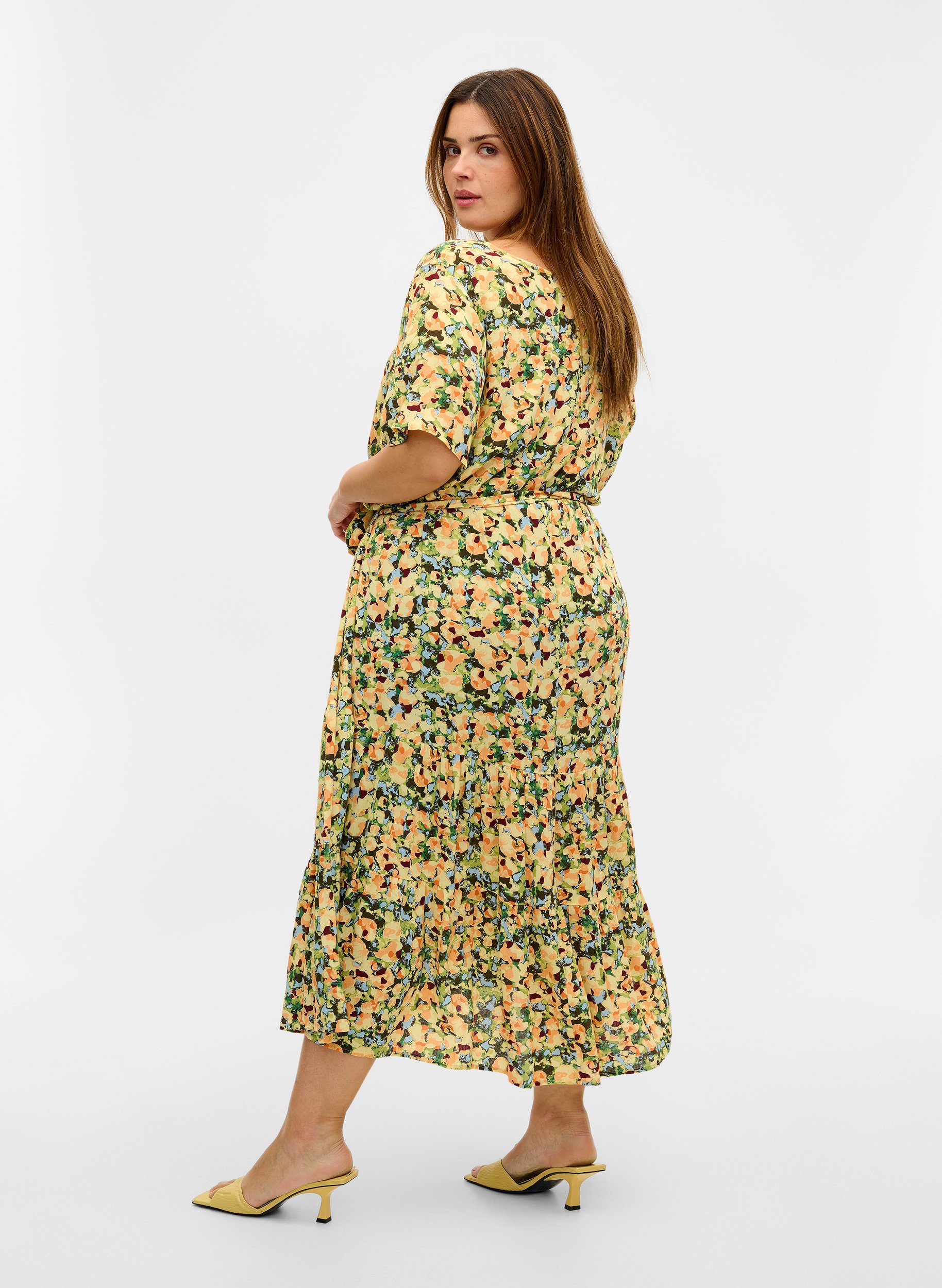 Kurzarm Midikleid aus Viskose, Yellow Summer AOP, Model