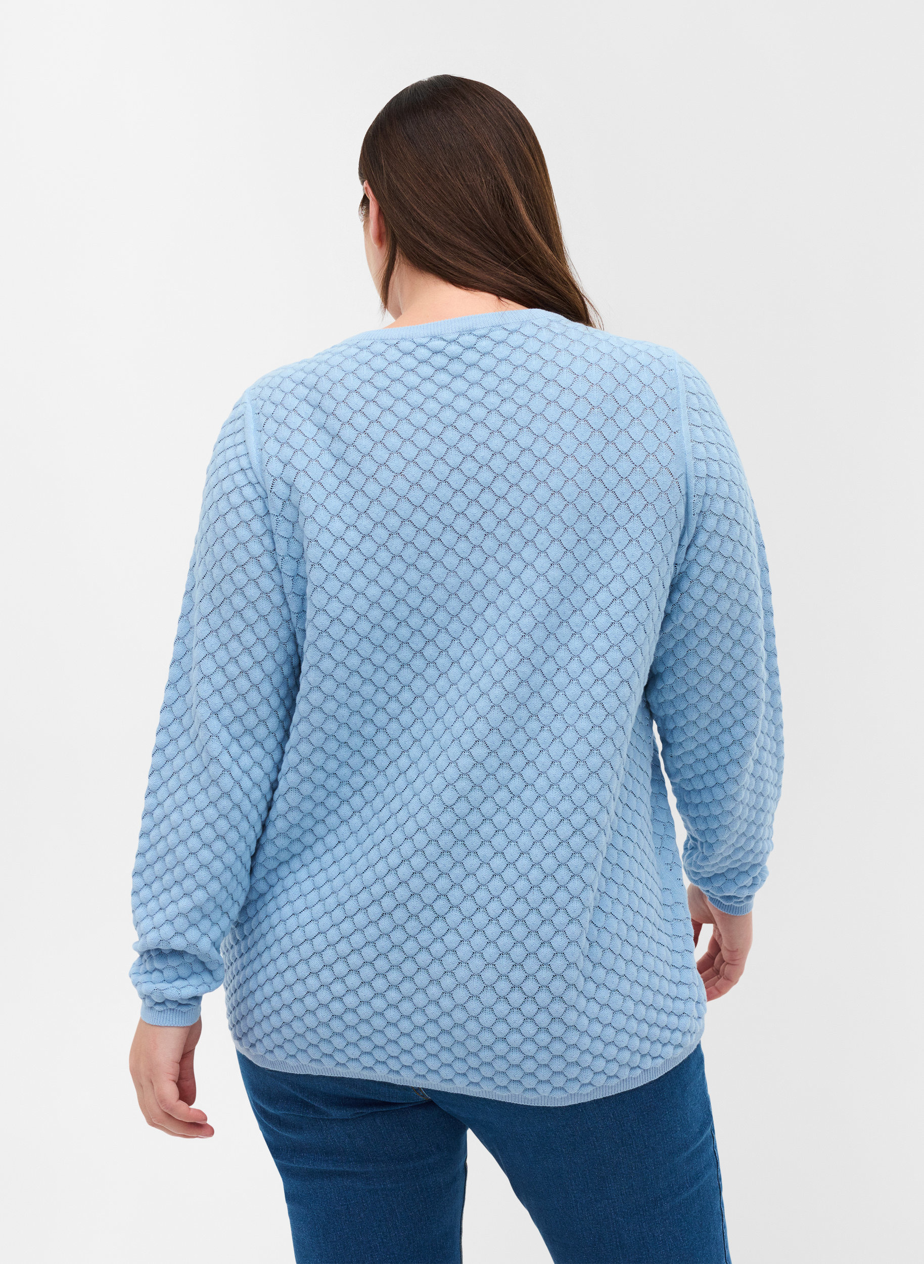 Gestrickte Bluse aus Bio-Baumwolle mit langen Ärmeln, Chambray Blue, Model image number 1