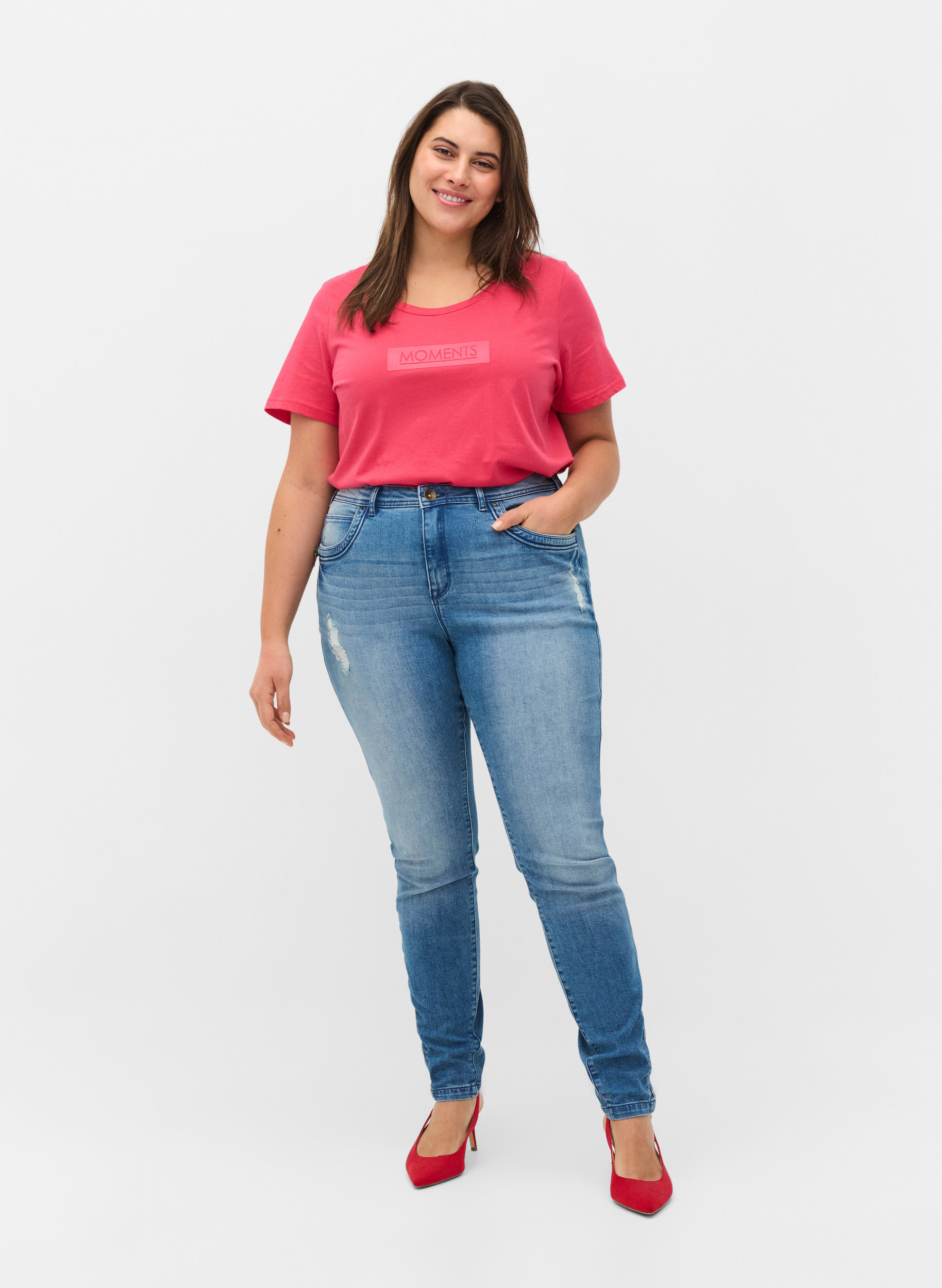 Kurzarm T-Shirt aus Baumwolle mit Aufdruck, Raspberry TEXT, Model image number 2