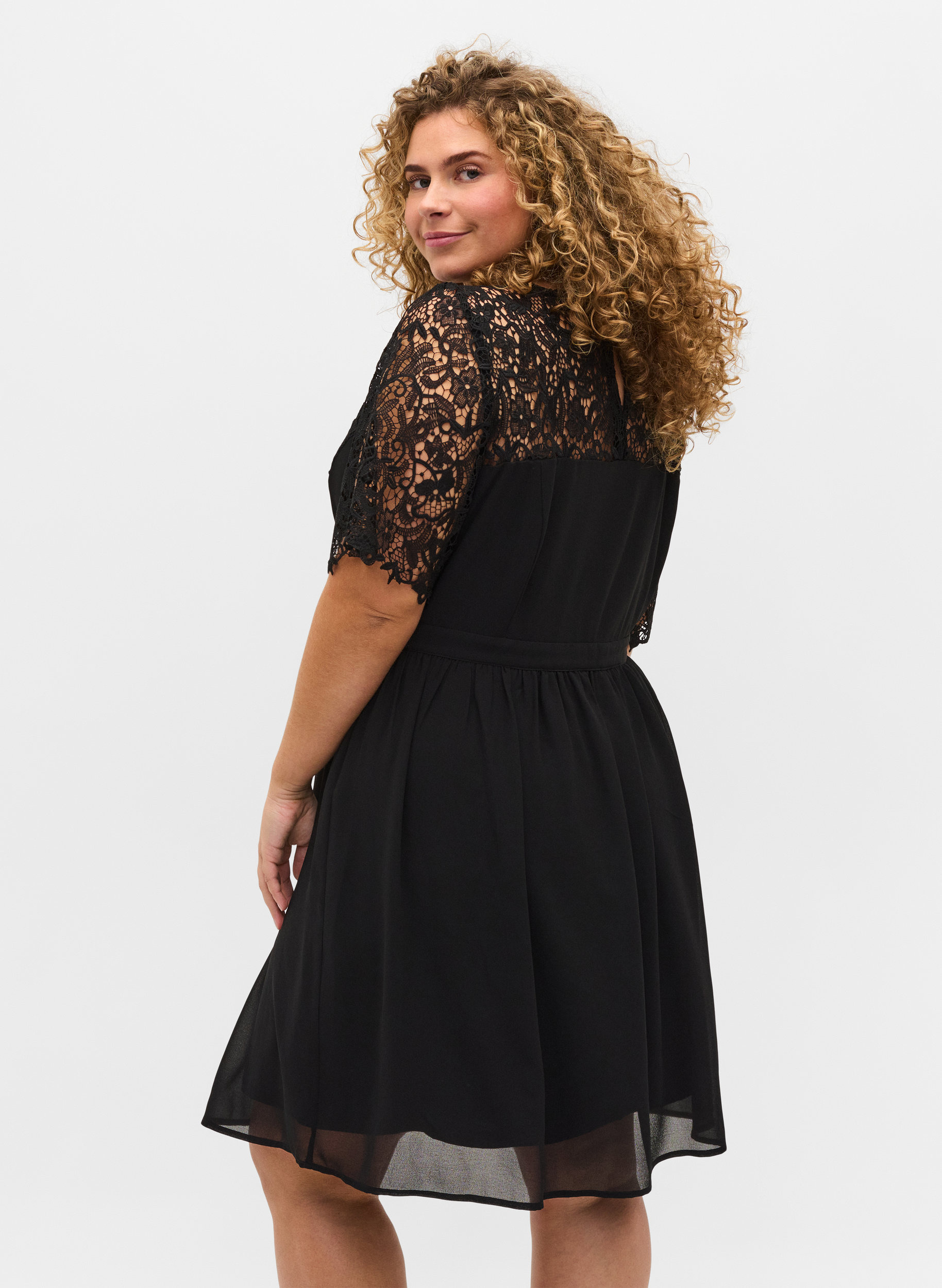Kurzarm Kleid mit Spitzenoberteil, Black, Model image number 1