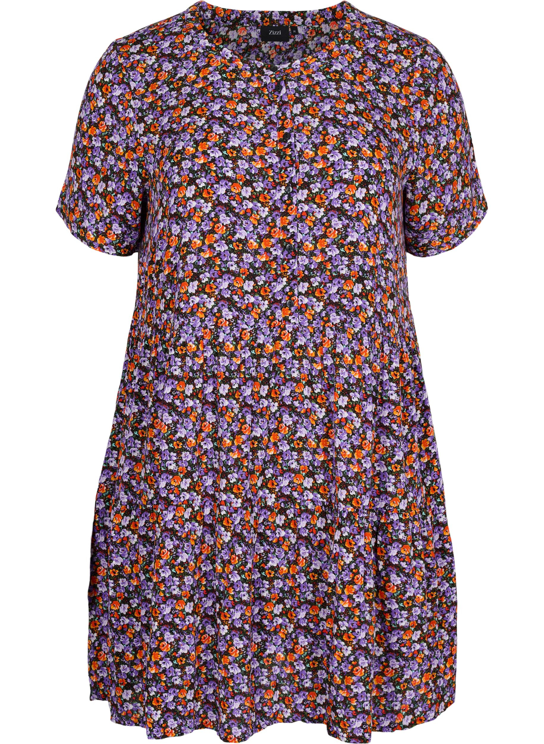 Kurzarm-Kleid aus Viskose mit A-Linie, Purple Ditsy Flower, Packshot image number 0