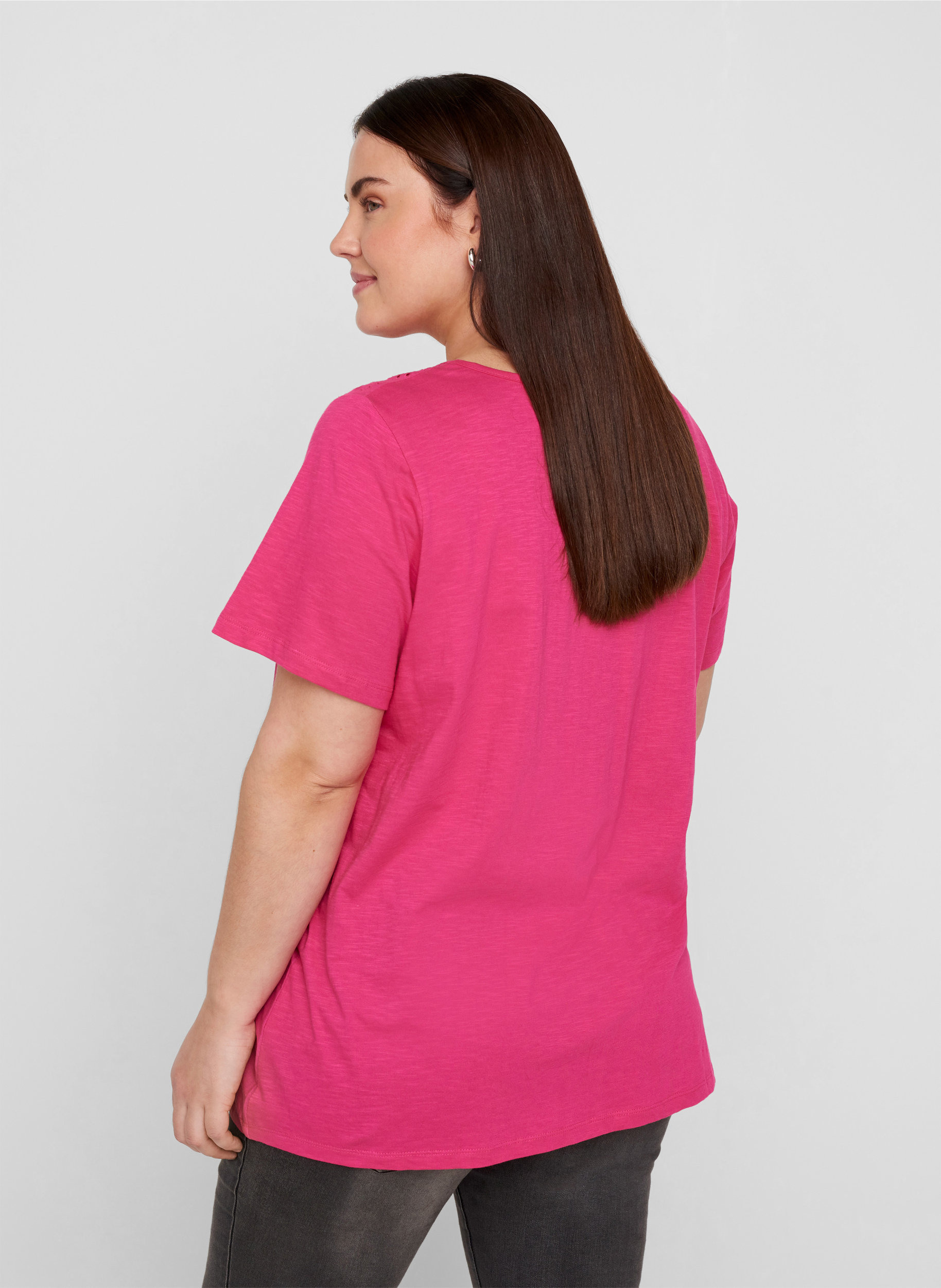 Kurzarm T-Shirt mit Lochstickerei, Fuchsia Purple, Model image number 1