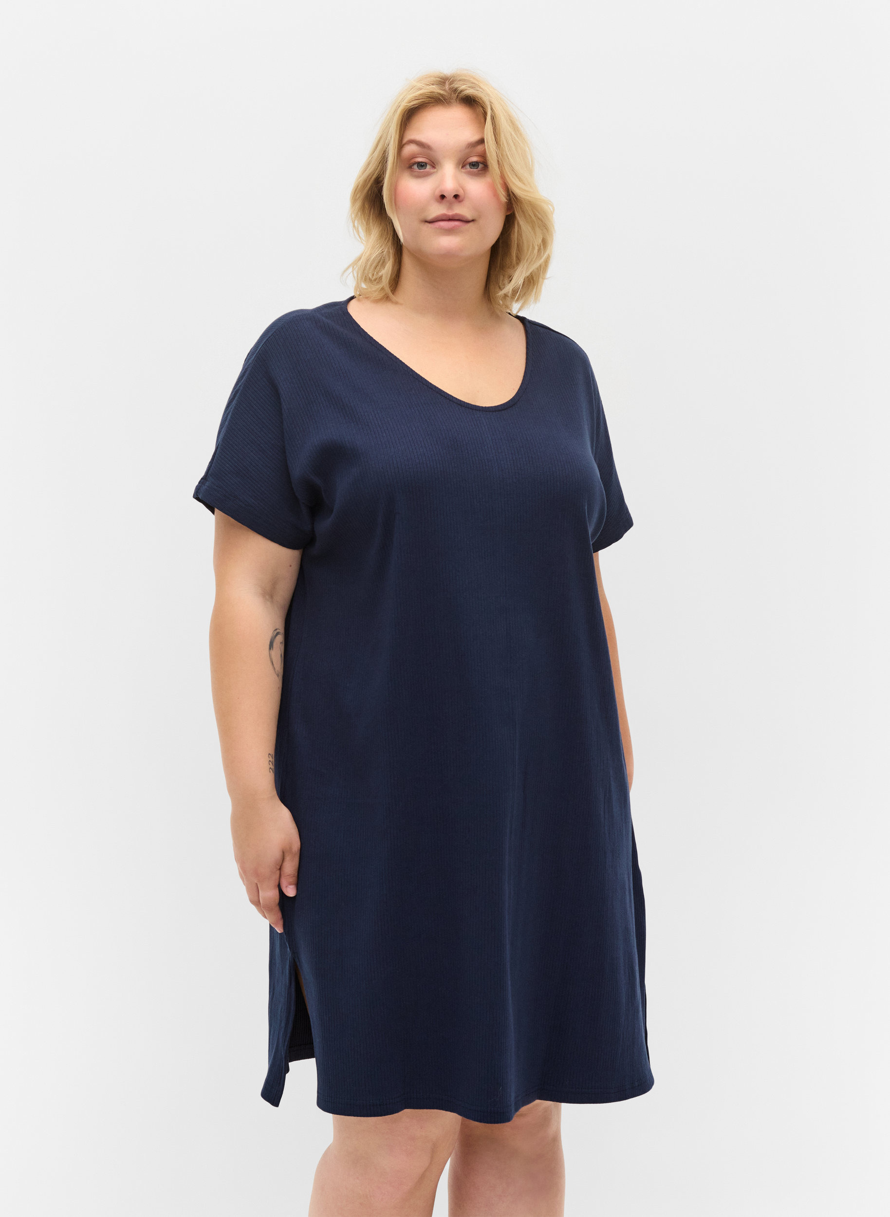 Kurzarm Kleid aus Baumwolle mit Rippstruktur, Navy Blazer, Model image number 0