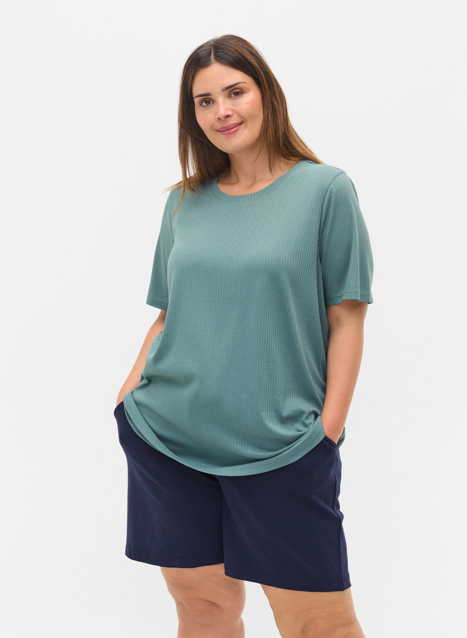 Kurzarm T-Shirt in Rippqualität, Goblin Blue, Model
