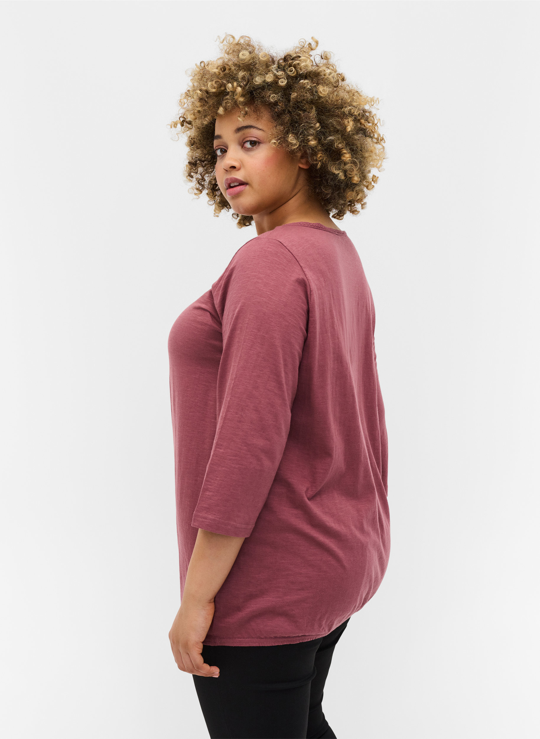 Einfarbige Bluse mit 3/4-Ärmel aus Baumwolle, Rose Brown, Model image number 1
