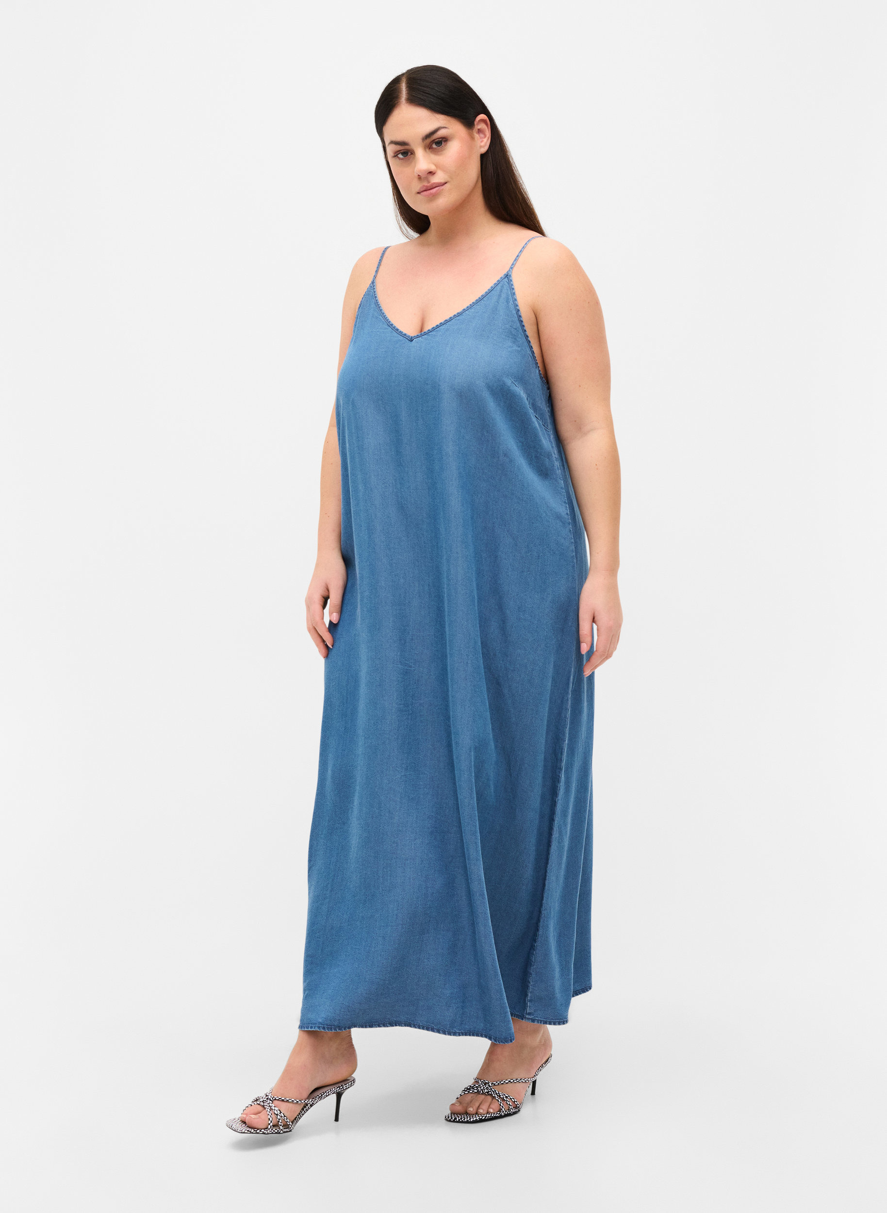 Langes Denim Kleid mit schmalen Trägern, Dark blue denim, Model image number 0