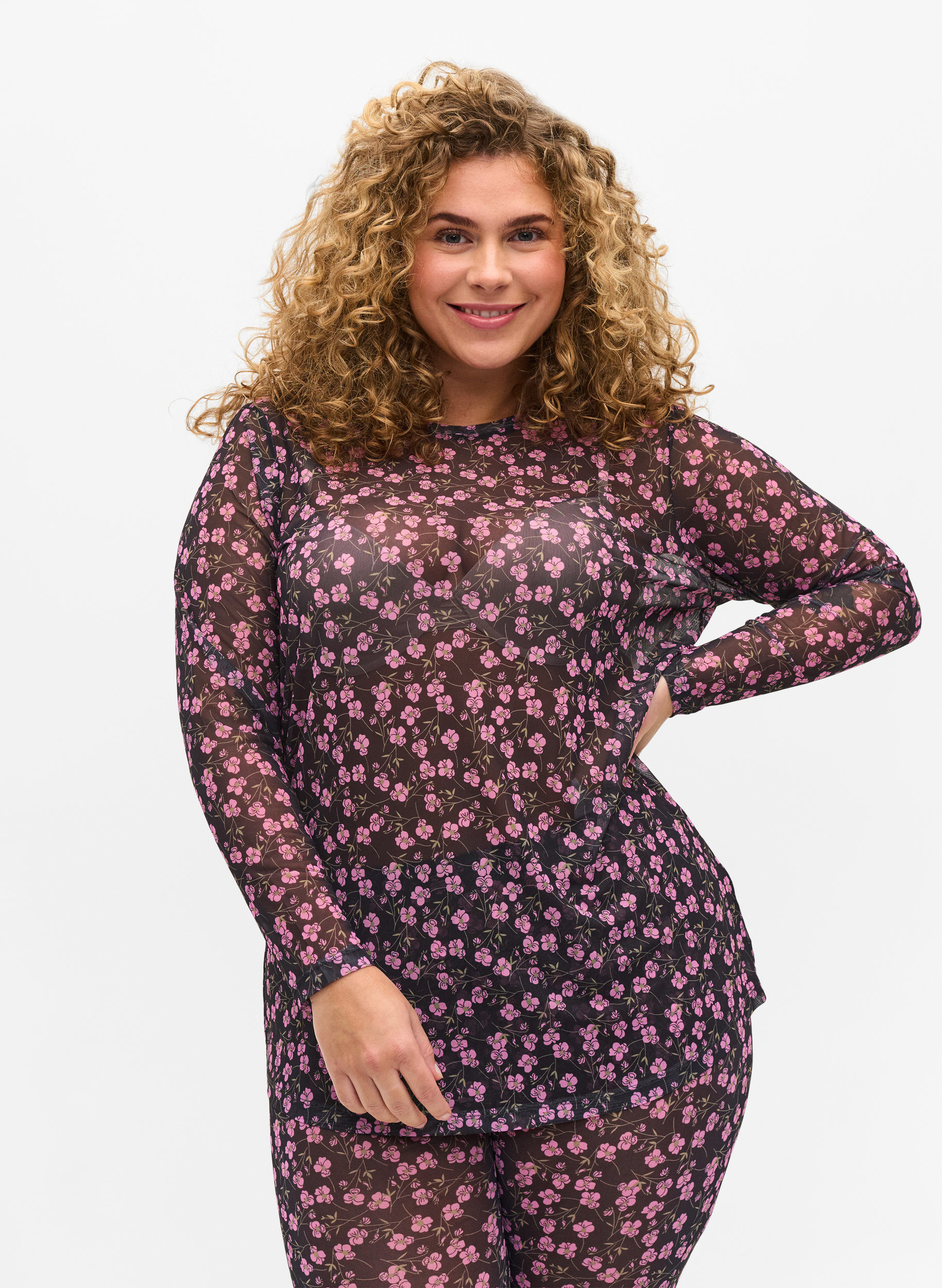 Langarm Bluse mit Mesh und Print, Flower AOP, Model