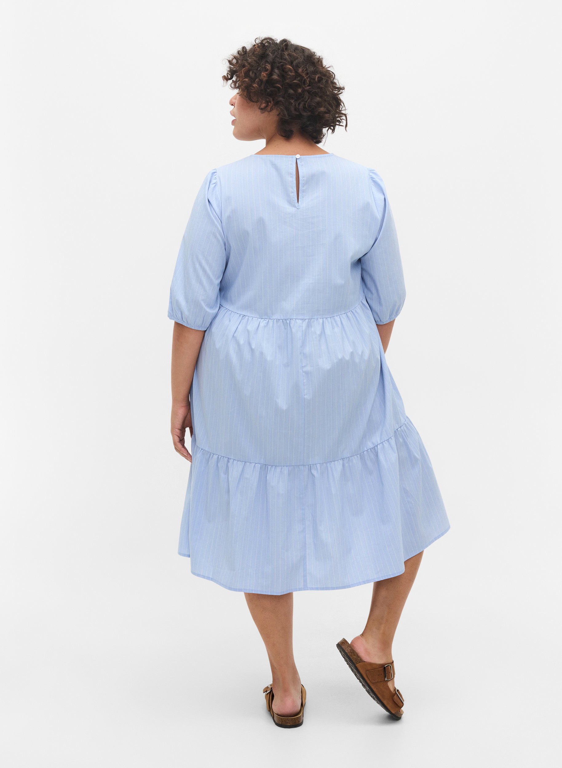 Gestreiftes Kleid mit kurzen Puffärmeln, Blue As Sample, Model image number 1