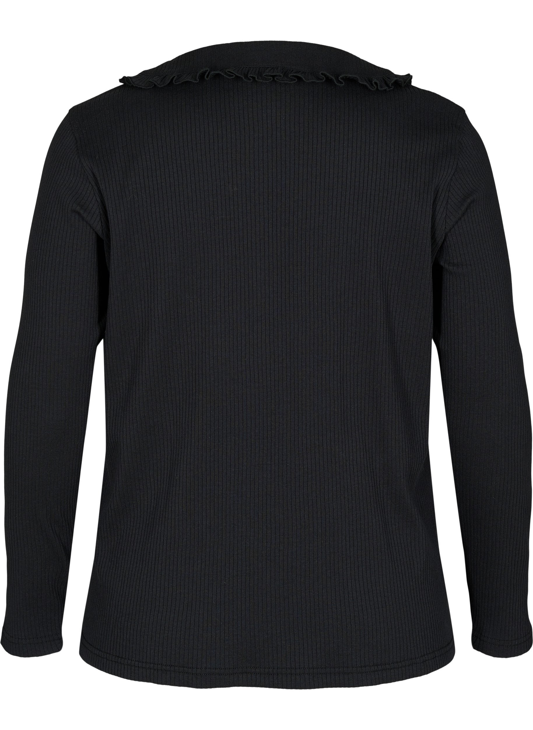Langarm Bluse mit Ripp und Rüschenkragen, Black, Packshot image number 1