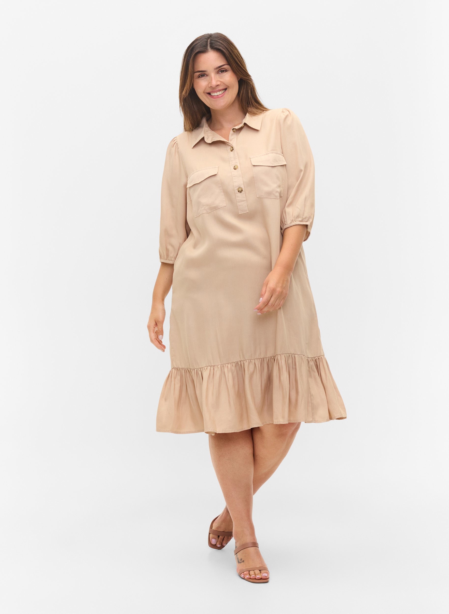 Kleid mit Rüschenbesatz und 3/4-Ärmeln, Humus, Model image number 2