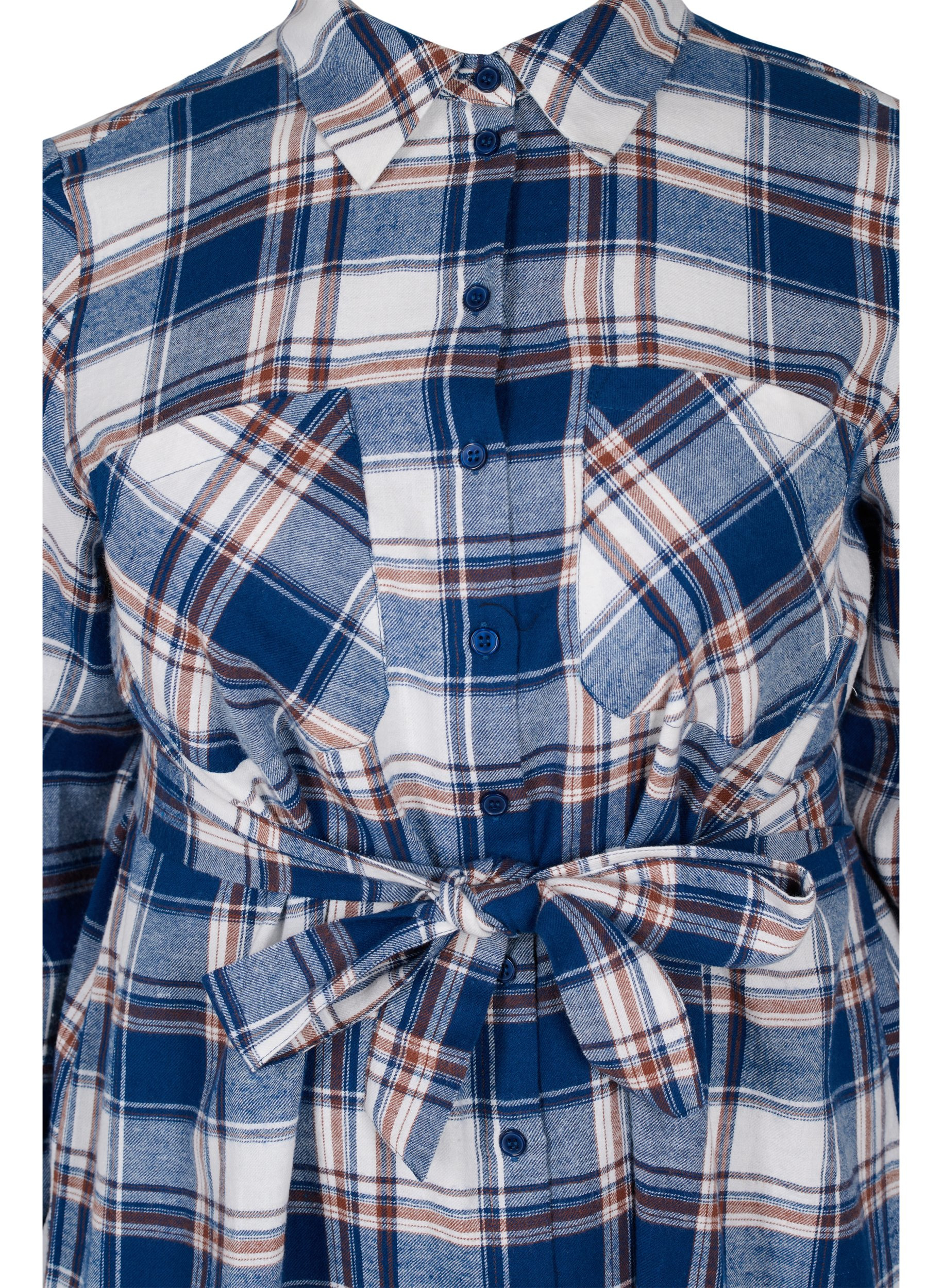 Kariertes Hemdkleid mit Bindedetail, Blue White Check, Packshot image number 2