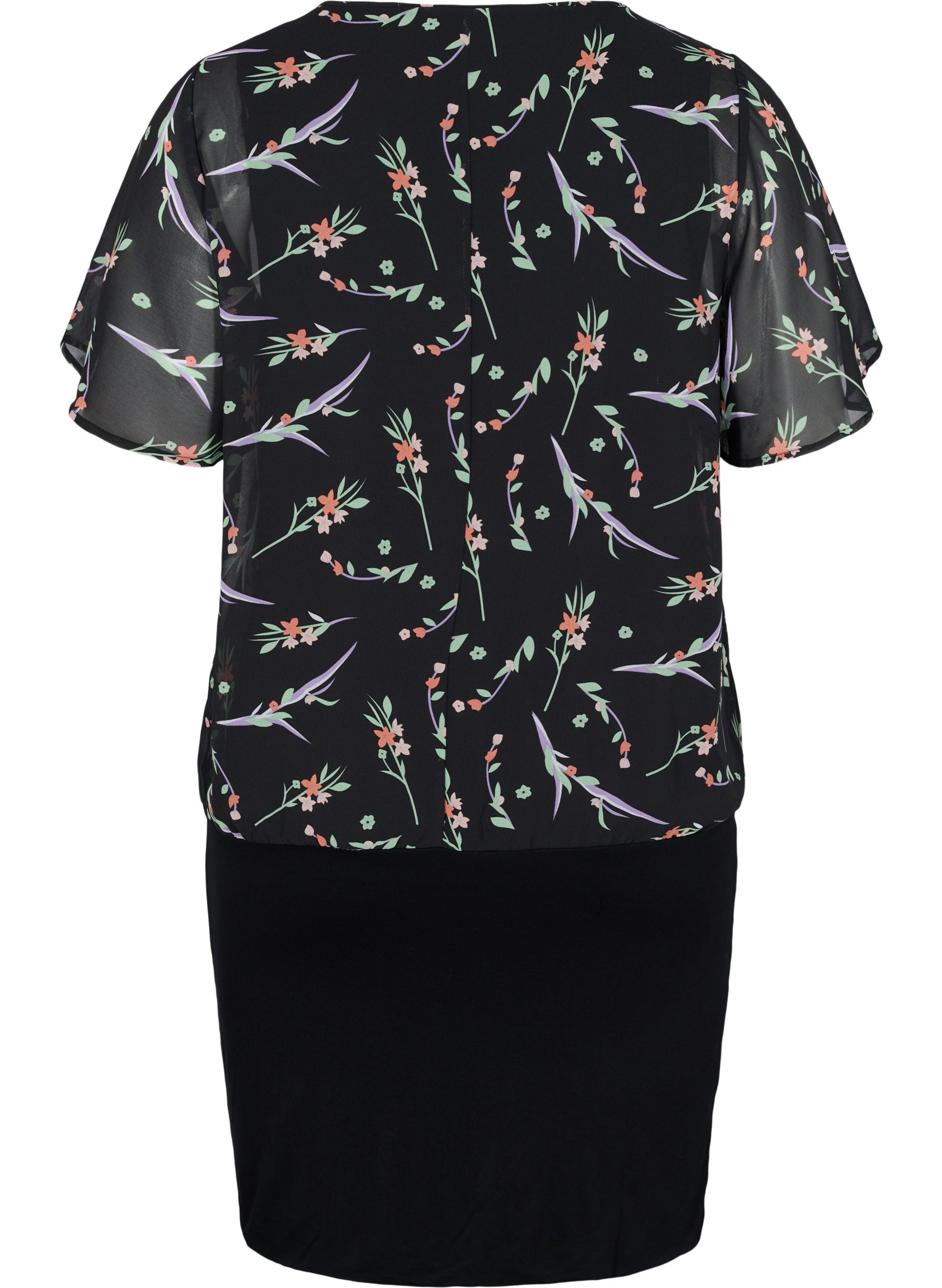 Kurzarm Kleid mit Blumenprint am Oberteil, Black AOP, Packshot image number 1