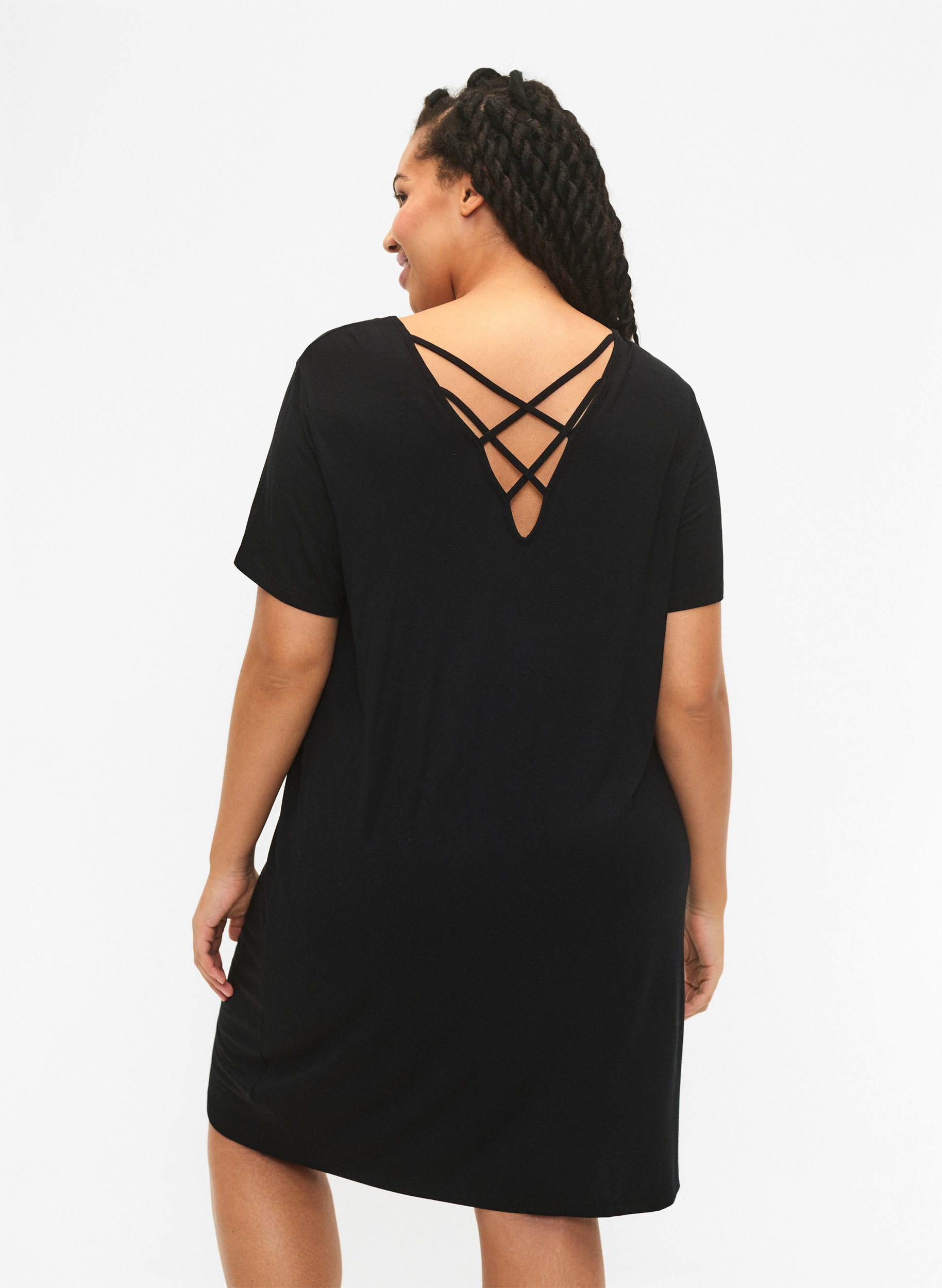Kurzarm Kleid aus Viskose mit Rückendetail , Black, Model image number 1