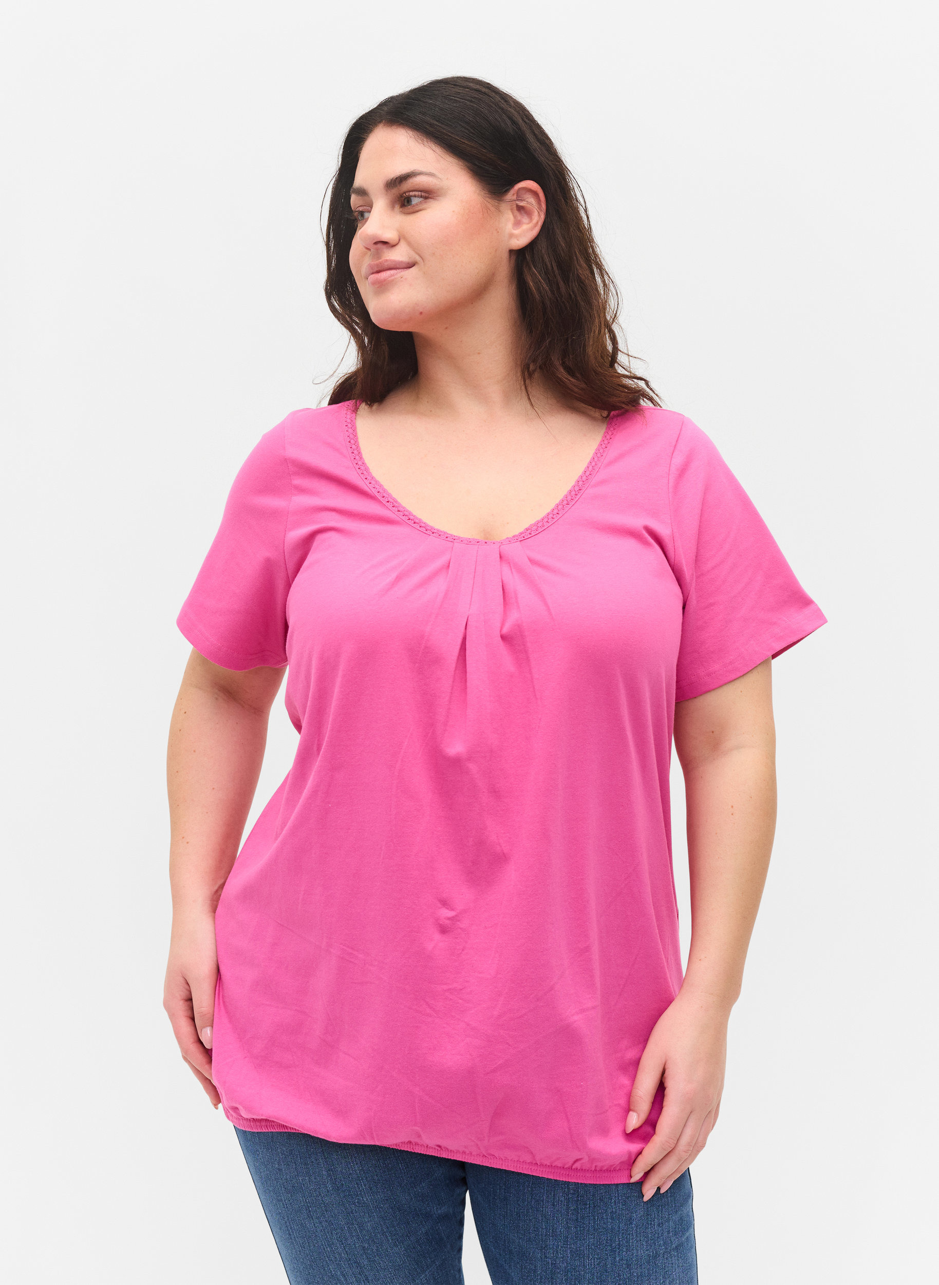 Kurzarm Baumwoll-T-Shirt, Raspberry Rose, Model