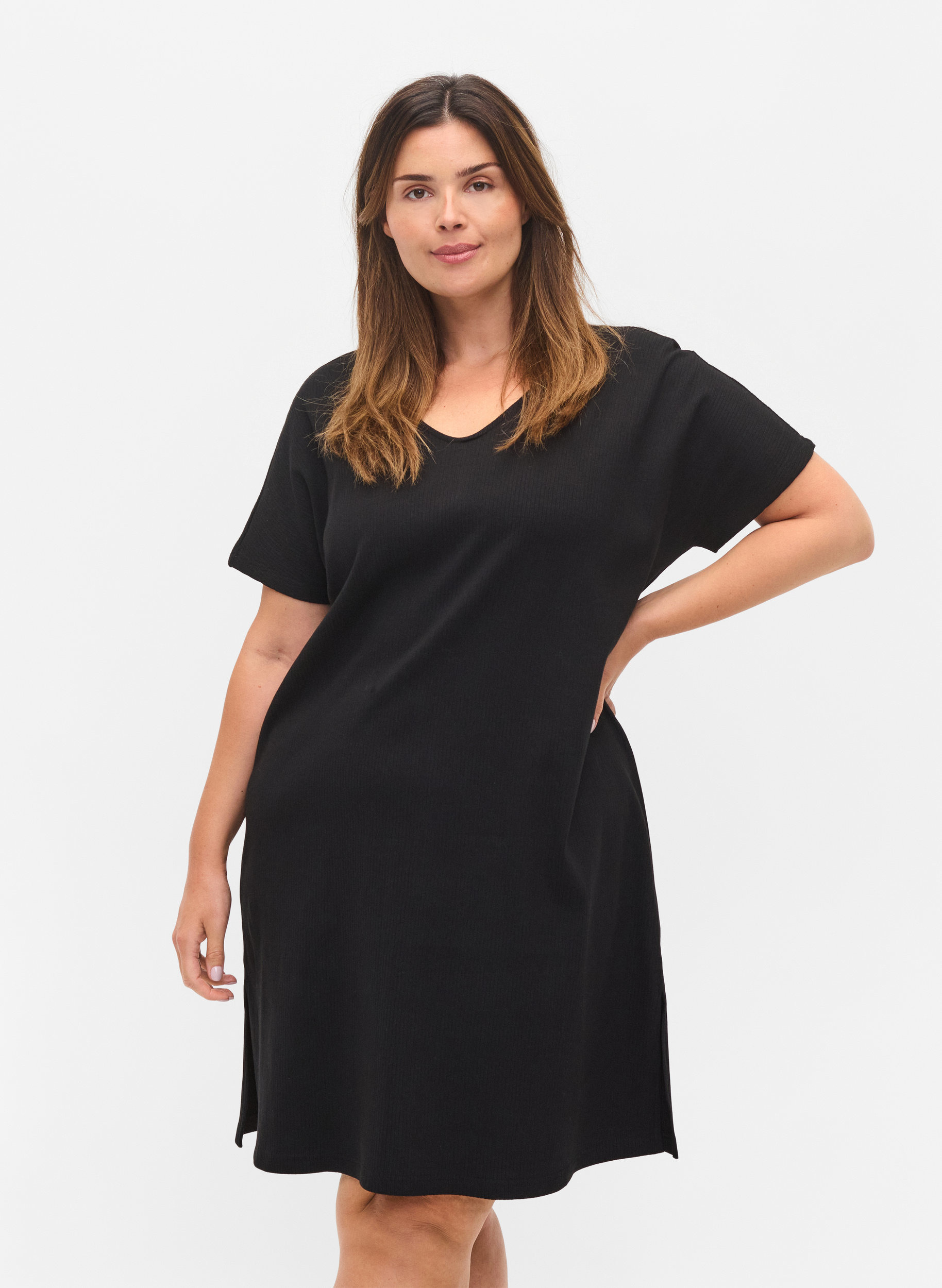 Kurzarm Kleid aus Baumwolle mit Rippstruktur, Black, Model