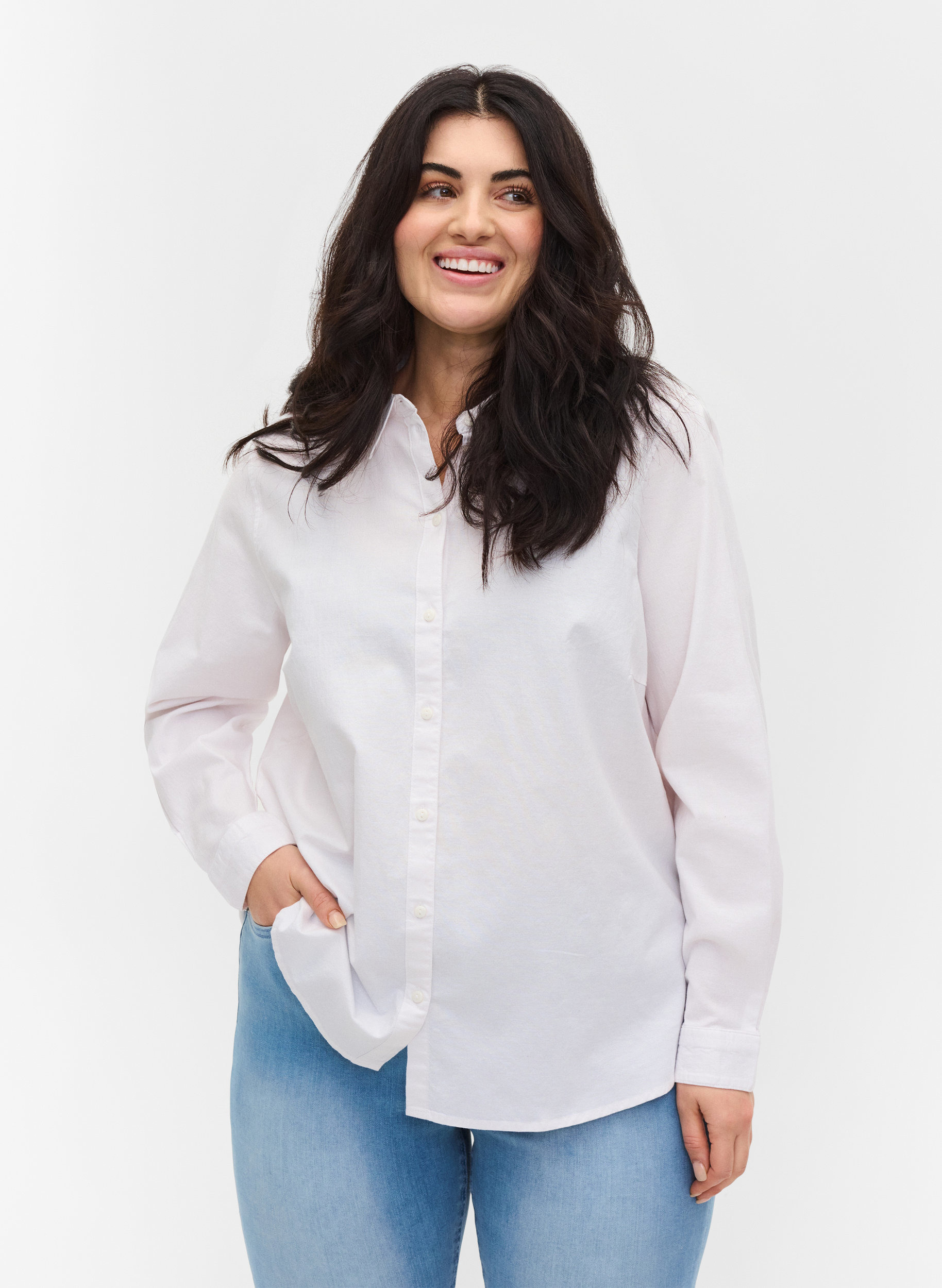 Langarm Hemdbluse aus Baumwolle, Bright White, Model