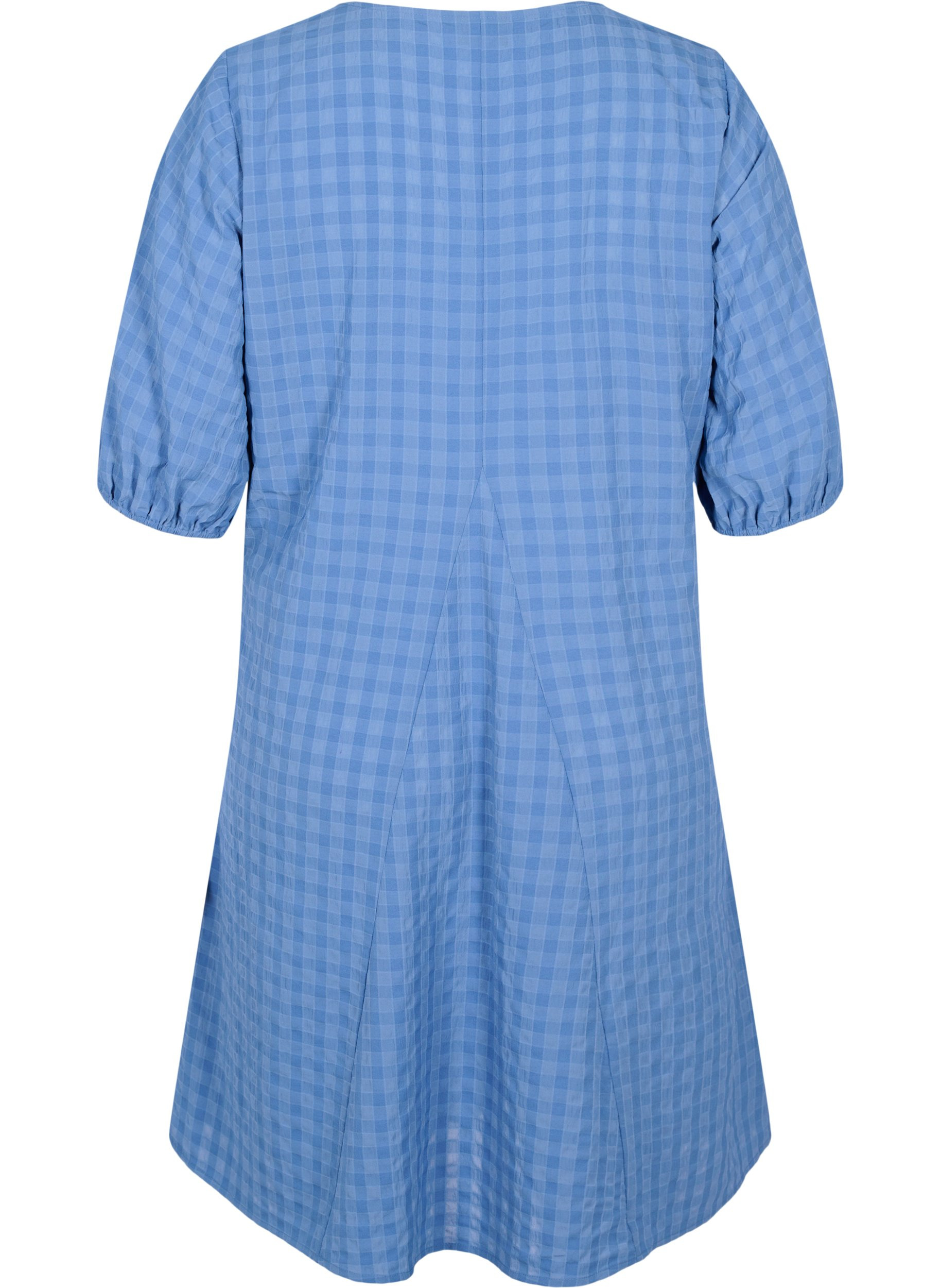 Kleid in Crêpe-Qualität mit V-Ausschnitt und Ballonärmeln, Moonlight Blue, Packshot image number 1