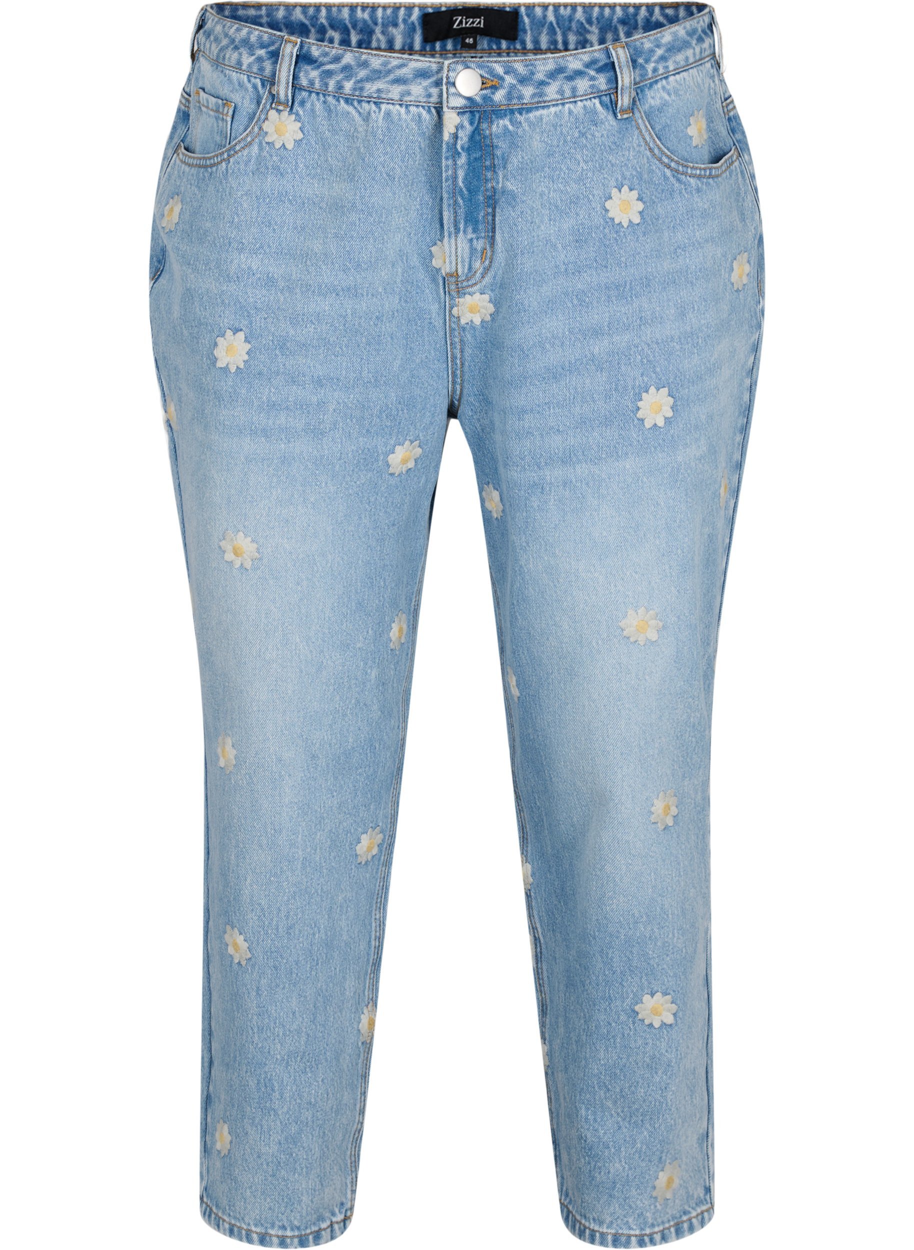 Mille Mom Fit Jeans mit Blumenstickerei, Light Blue w. Flower