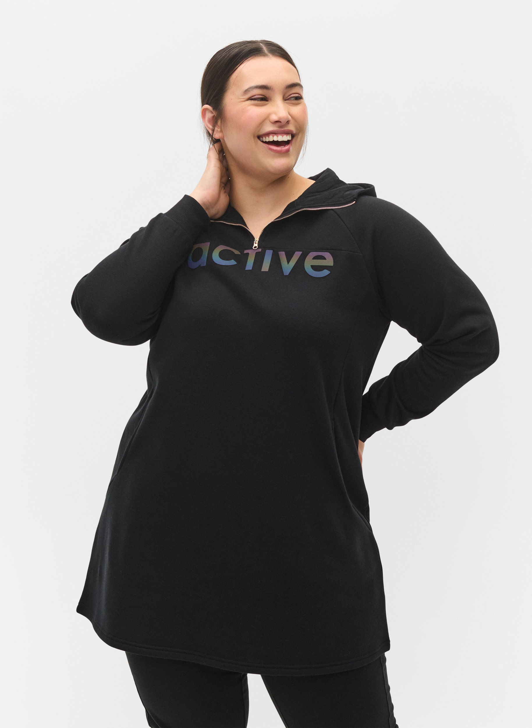 Sweatkleid mit Kapuze und Reißverschluss, Black, Model image number 0