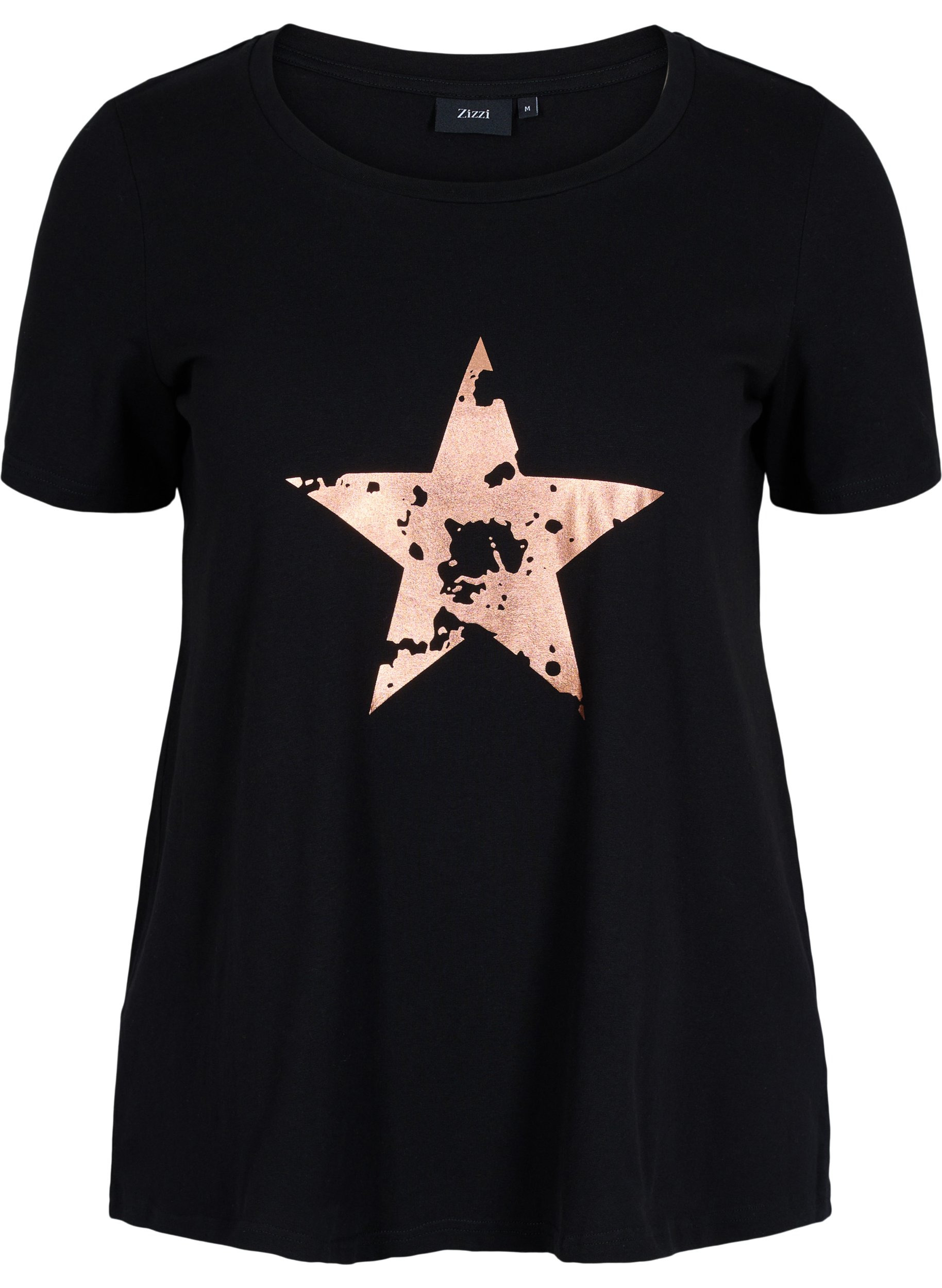 Kurzarm T-Shirt aus Baumwolle mit Aufdruck, Black w. star copper