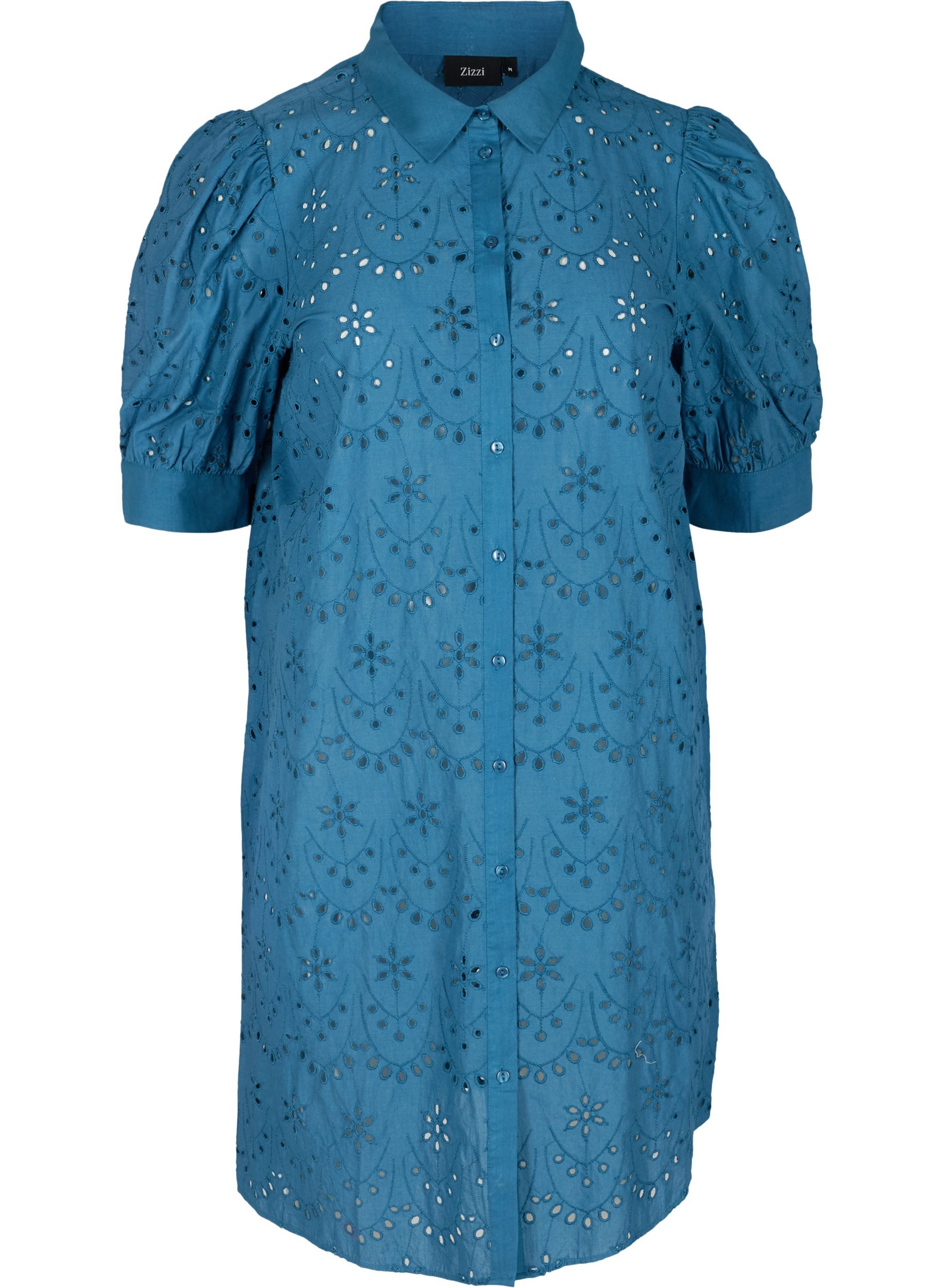 Hemdkleid aus Baumwolle mit Lochstickerei und Puffärmeln, Midnight, Packshot image number 0