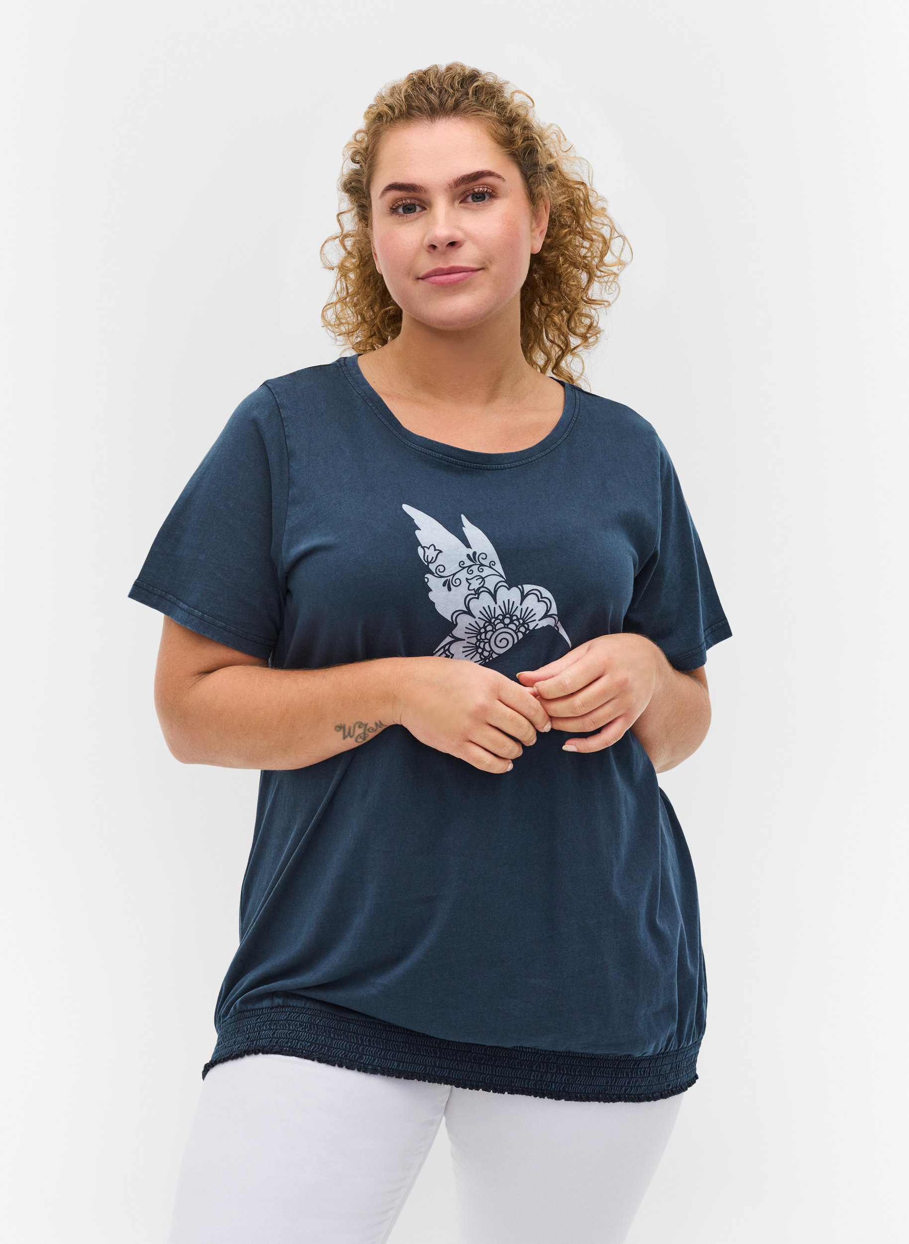 T-Shirt aus Bio-Baumwolle mit Smock, NavyBlazer Acid Bird, Model image number 0
