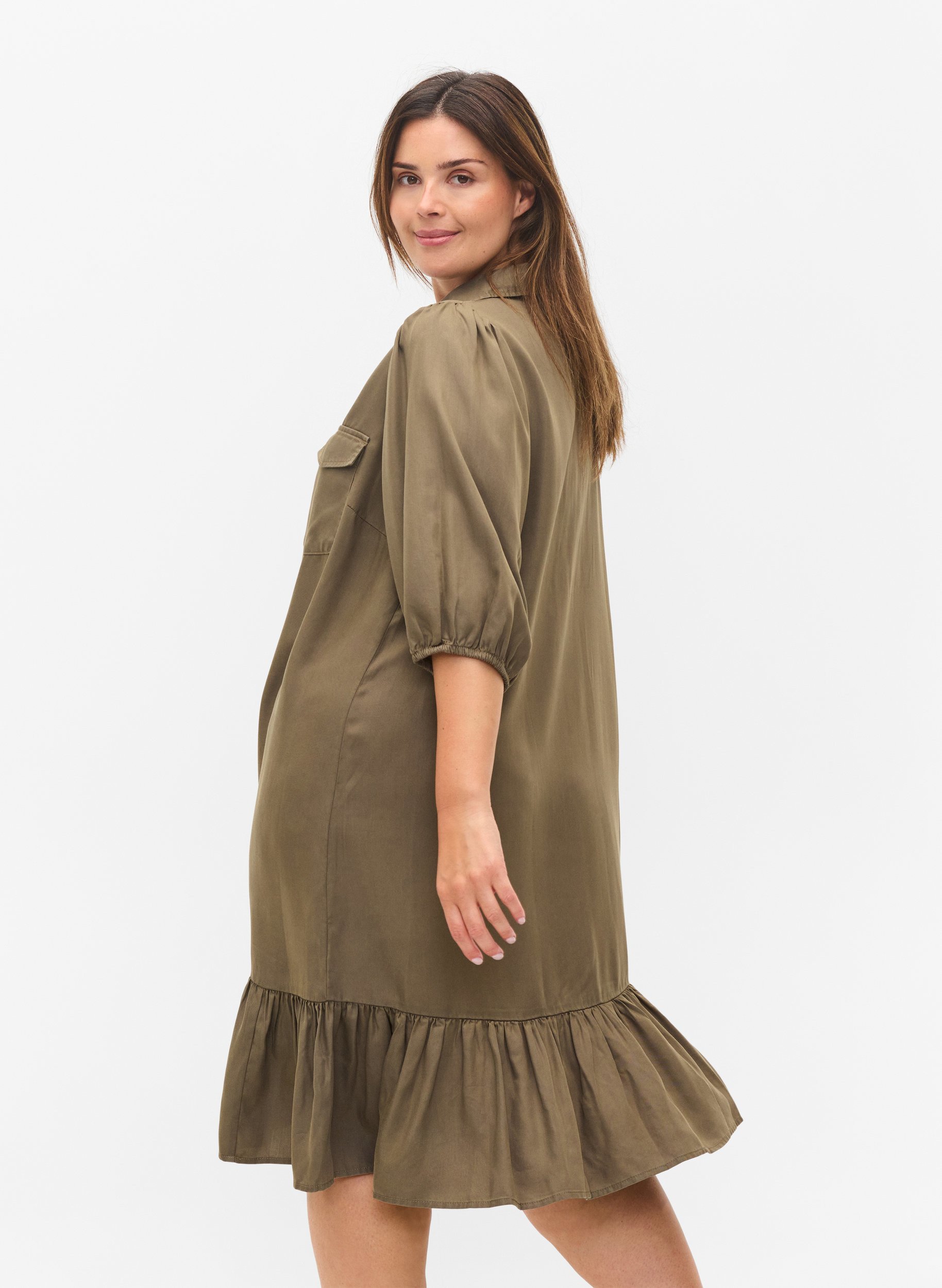 Kleid mit Rüschenbesatz und 3/4-Ärmeln, Dusty Olive, Model image number 1