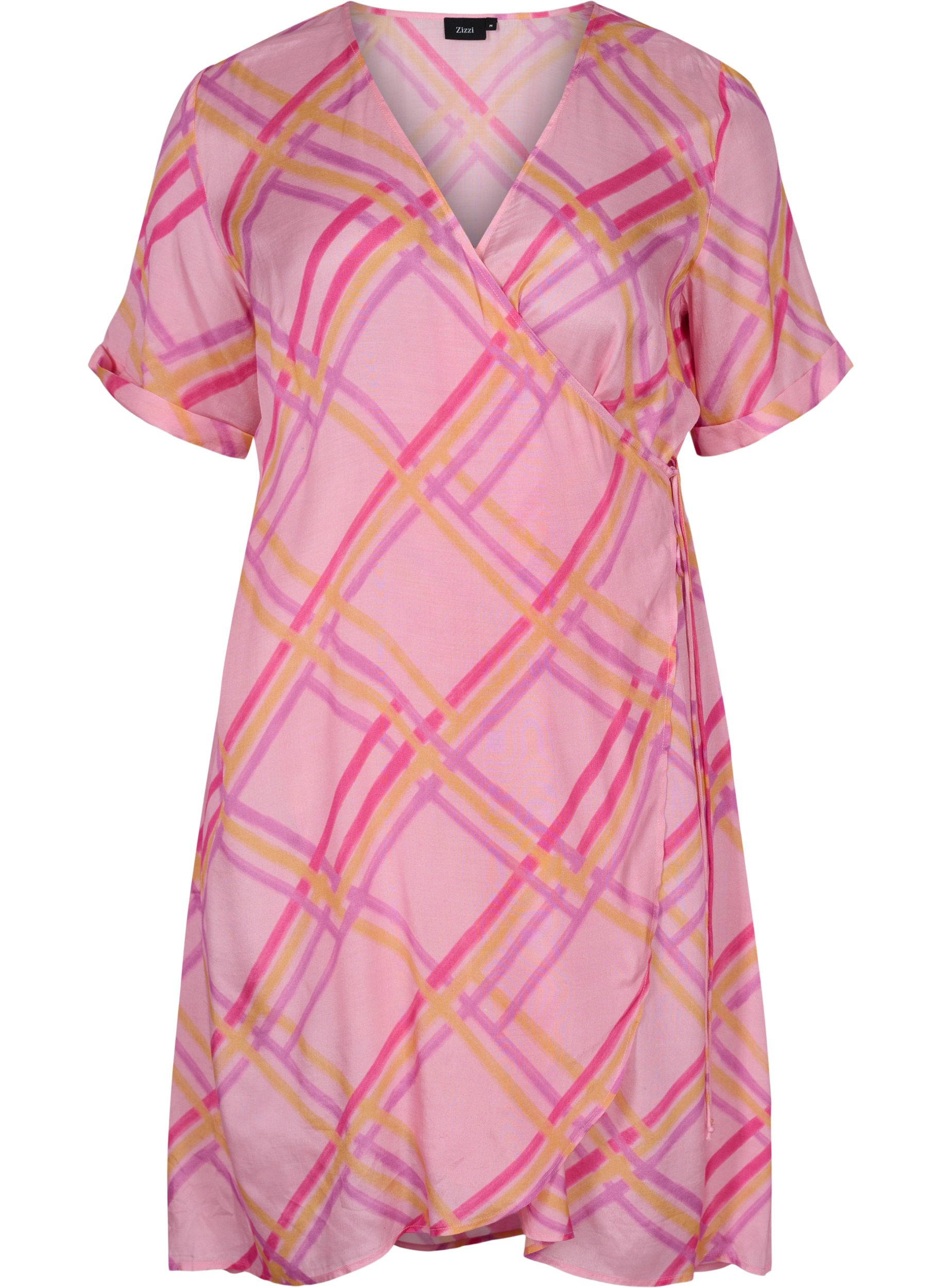 Kariertes Kleid aus Viskose mit Wickeleffekt, Pink Check, Packshot image number 0
