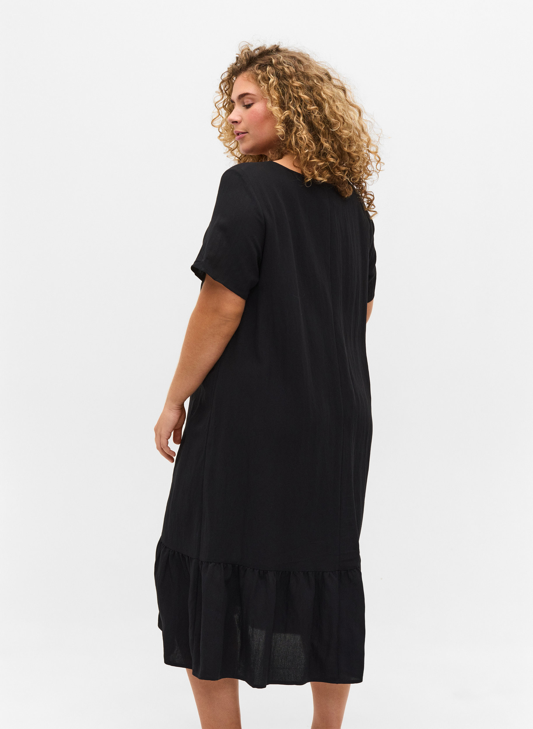 Kurzarm Viskosekleid mit V-Ausschnitt, Black, Model image number 1