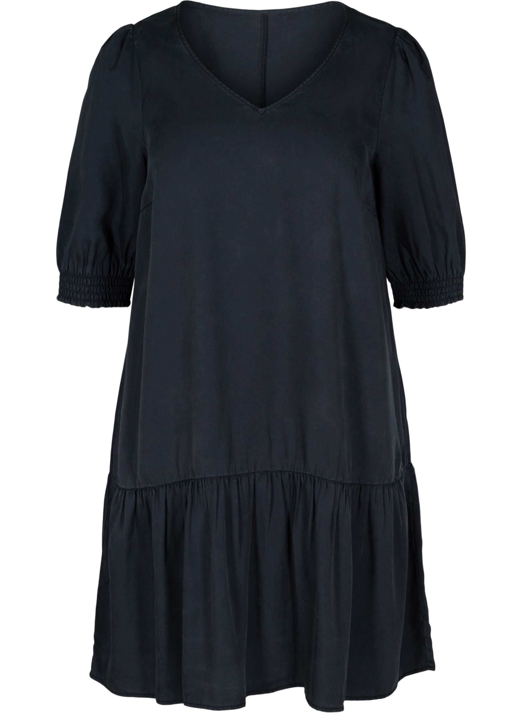 Kleid mit V-Ausschnitt und Smock, Black, Packshot image number 0