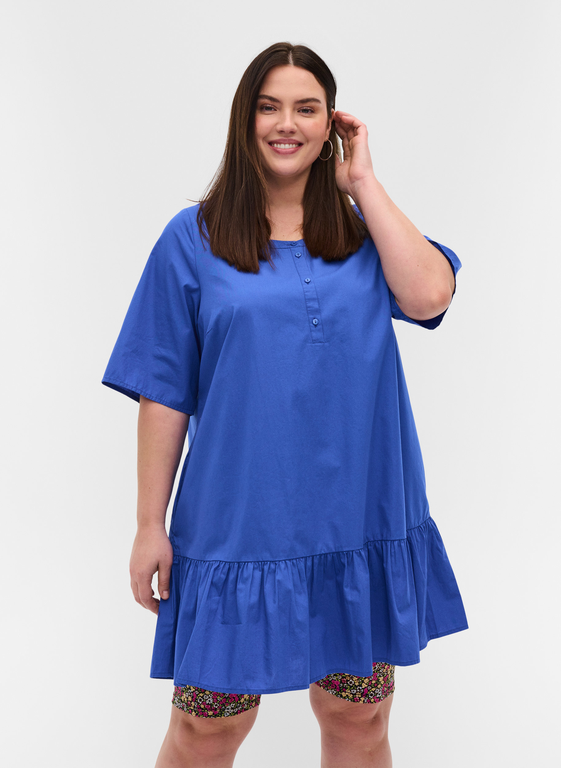 Kurzarm Baumwolltunika mit A-Linie, Dazzling Blue, Model
