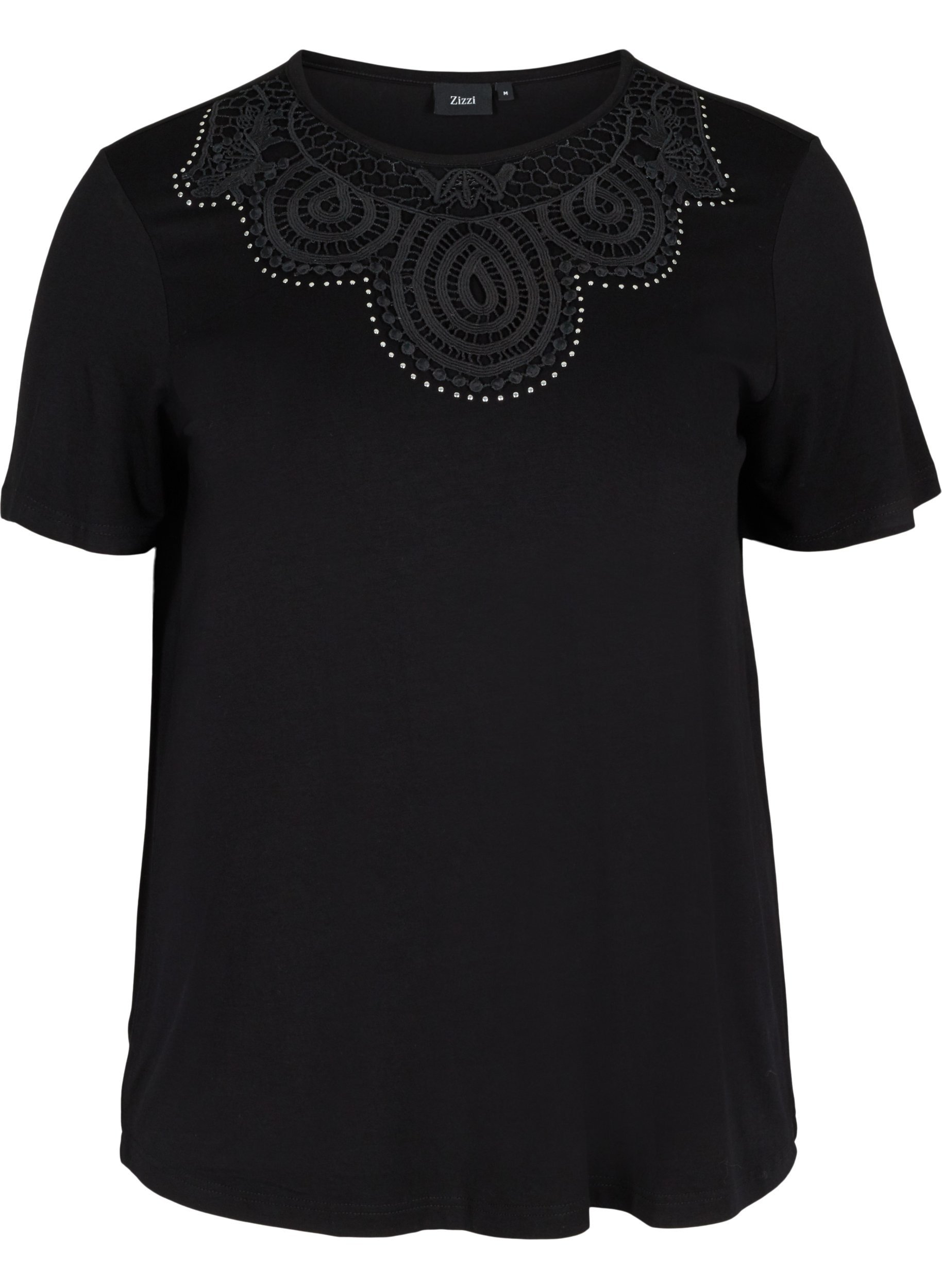 Kurzarm T-Shirt aus Viskose mit Spitzendetails, Black, Packshot image number 0