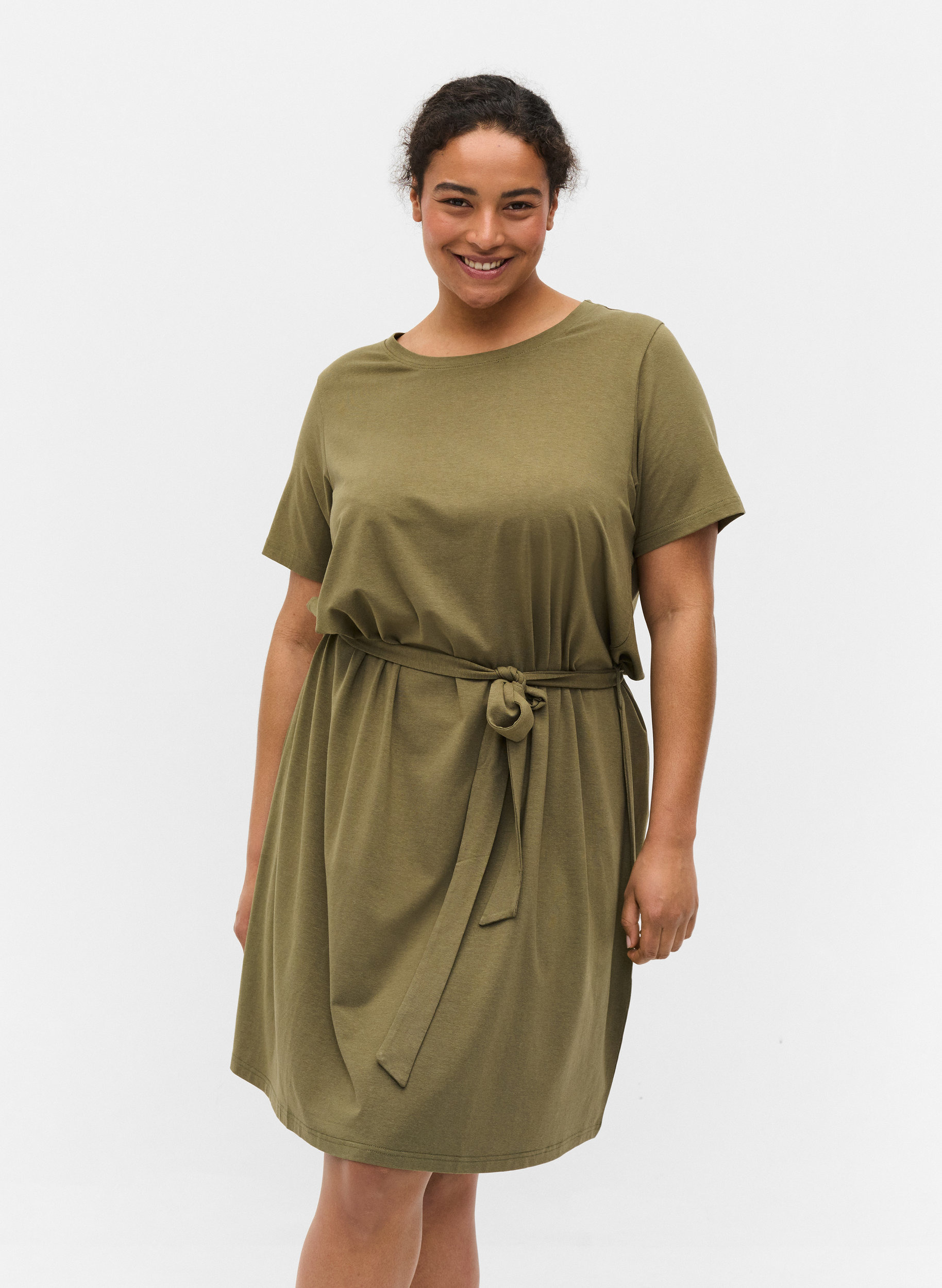 Kurzarm Kleid mit Taillengürtel, Dusty Olive, Model image number 0