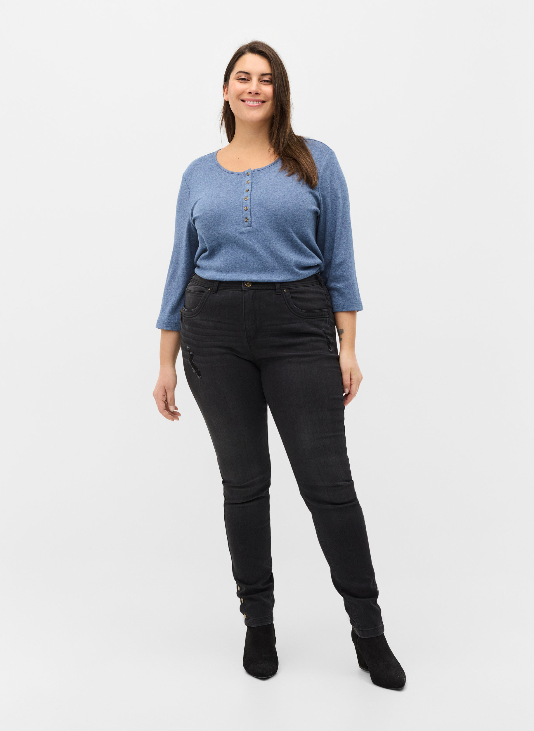 Super Slim Amy Jeans mit Schlitz und Knöpfen, Grey Denim, Model image number 0