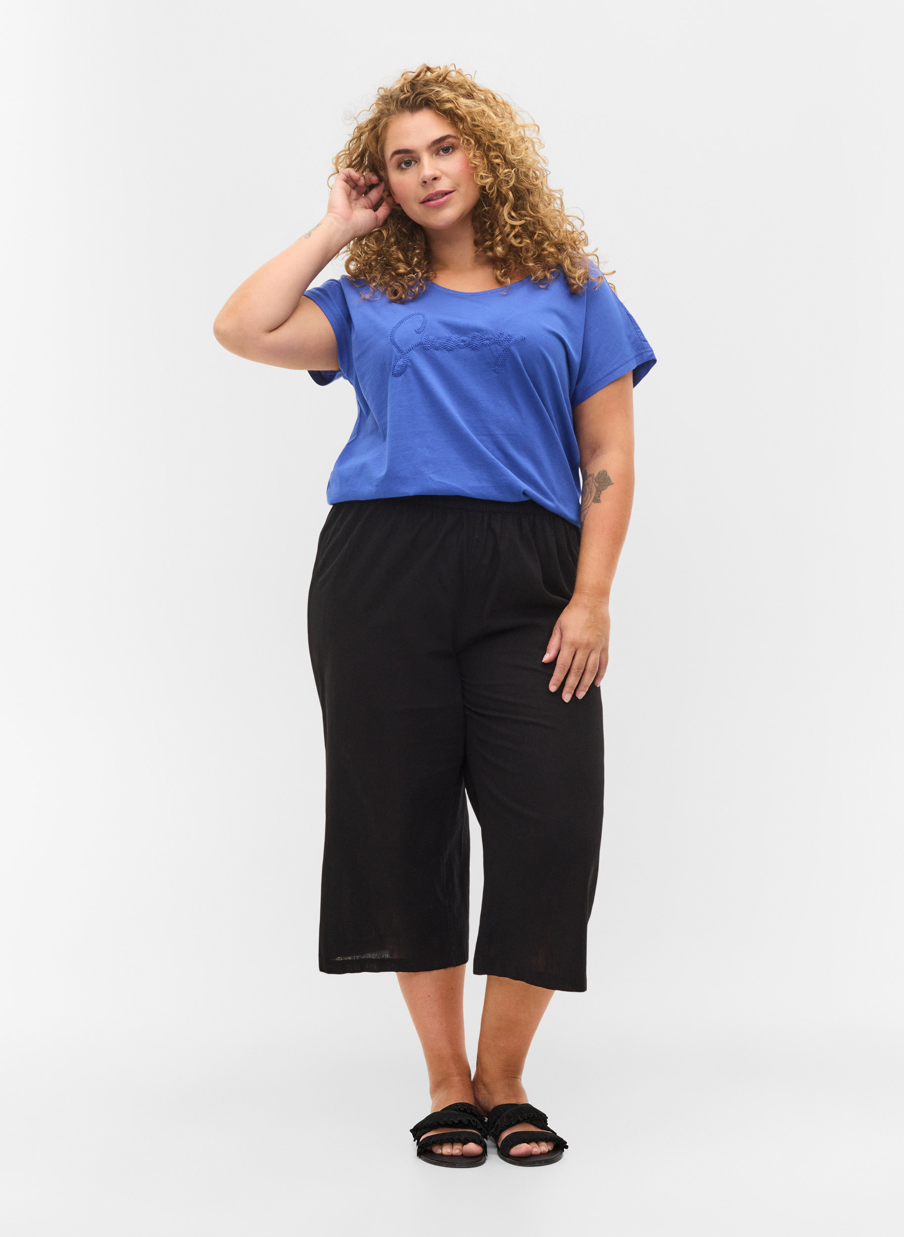 7/8 Hose aus einer Baumwollmischung mit Leinen, Black, Model