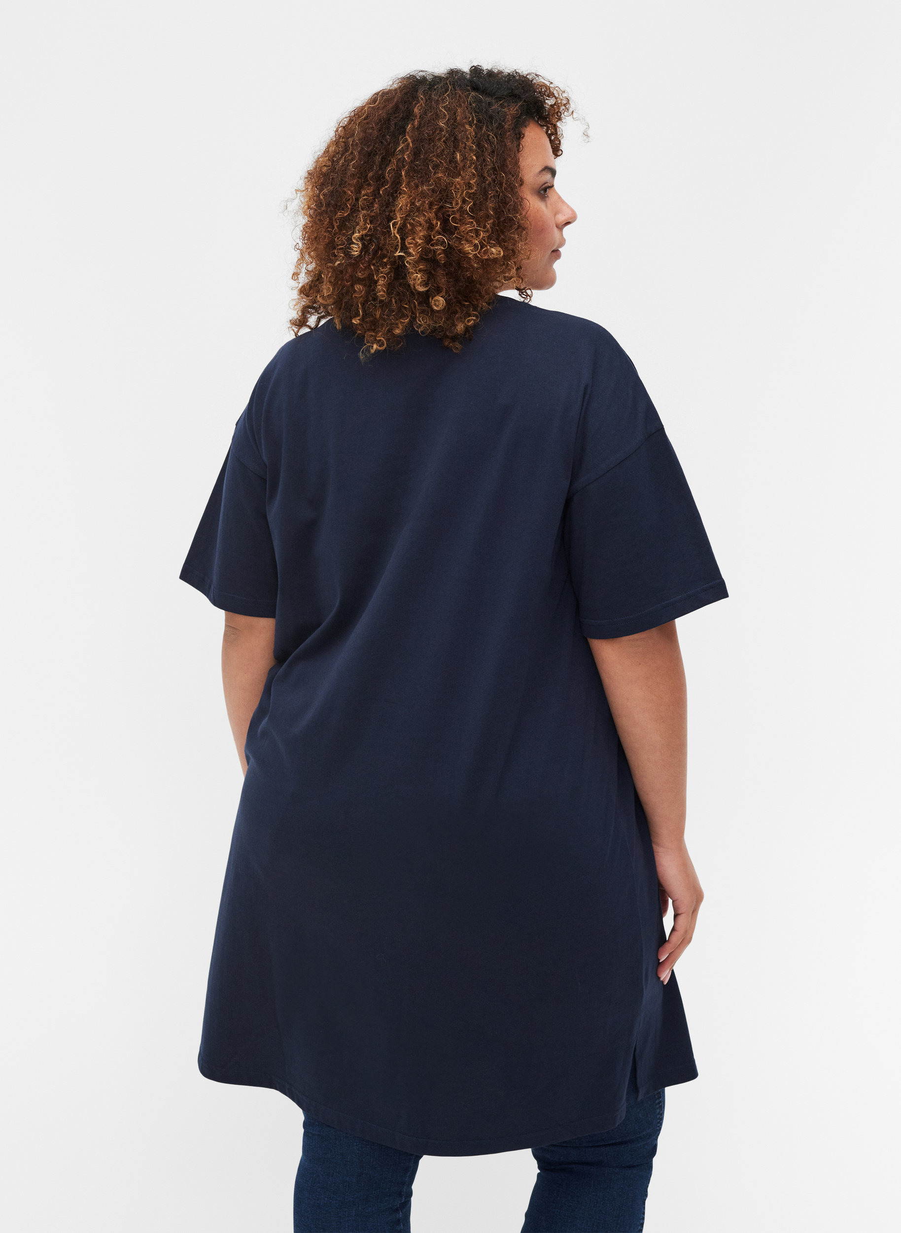 T-Shirt-Kleid aus Baumwolle mit Printdetails, Navy Blazer, Model image number 1