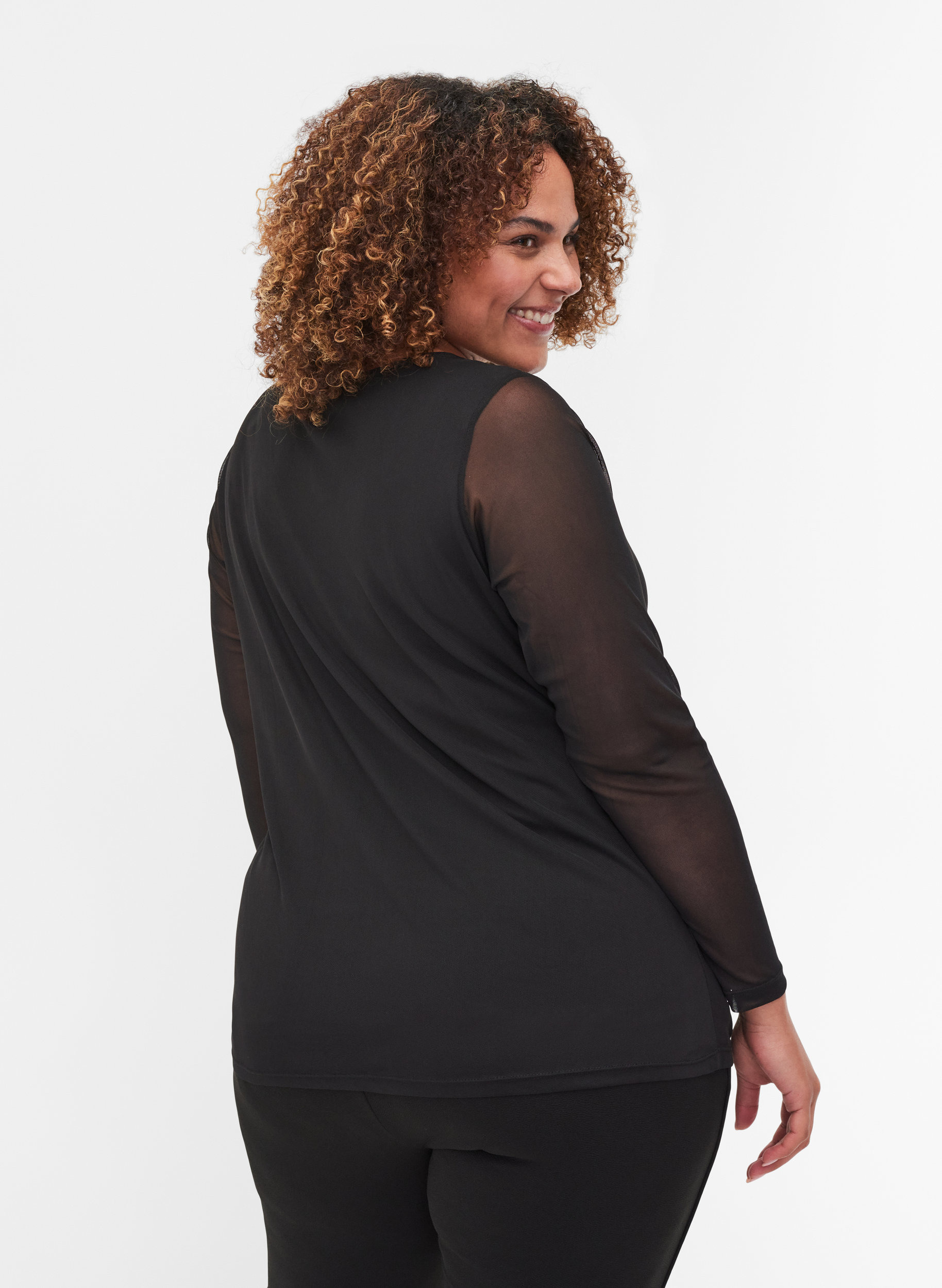 Enganliegende Bluse mit Mesh, Black, Model image number 1