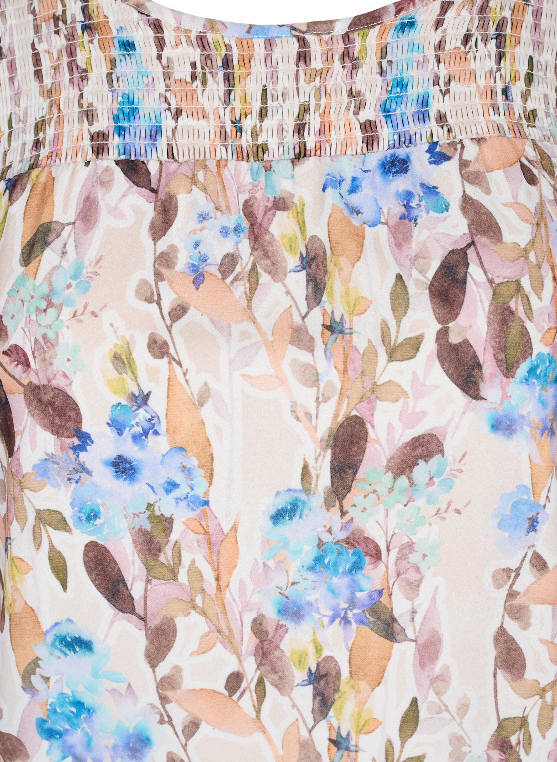 Kurzarm Bluse mit Blumenprint und Smok, Humus Flower AOP, Packshot image number 2