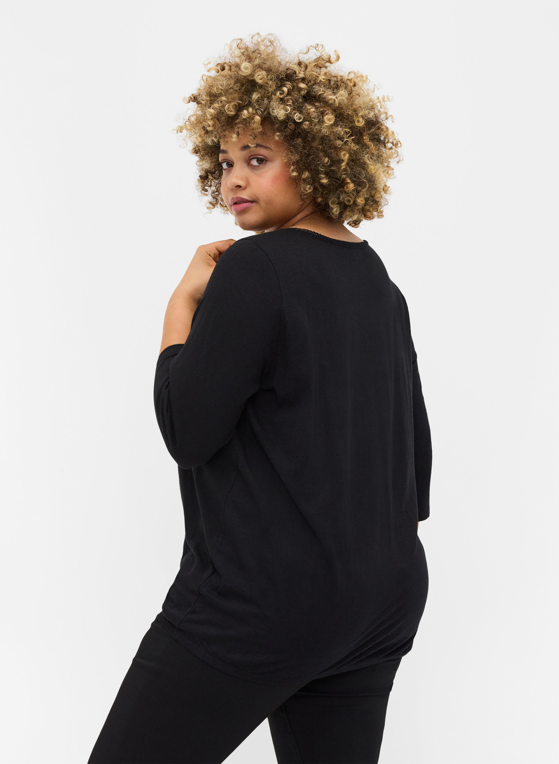 Einfarbige Bluse mit 3/4-Ärmel aus Baumwolle, Black, Model image number 1