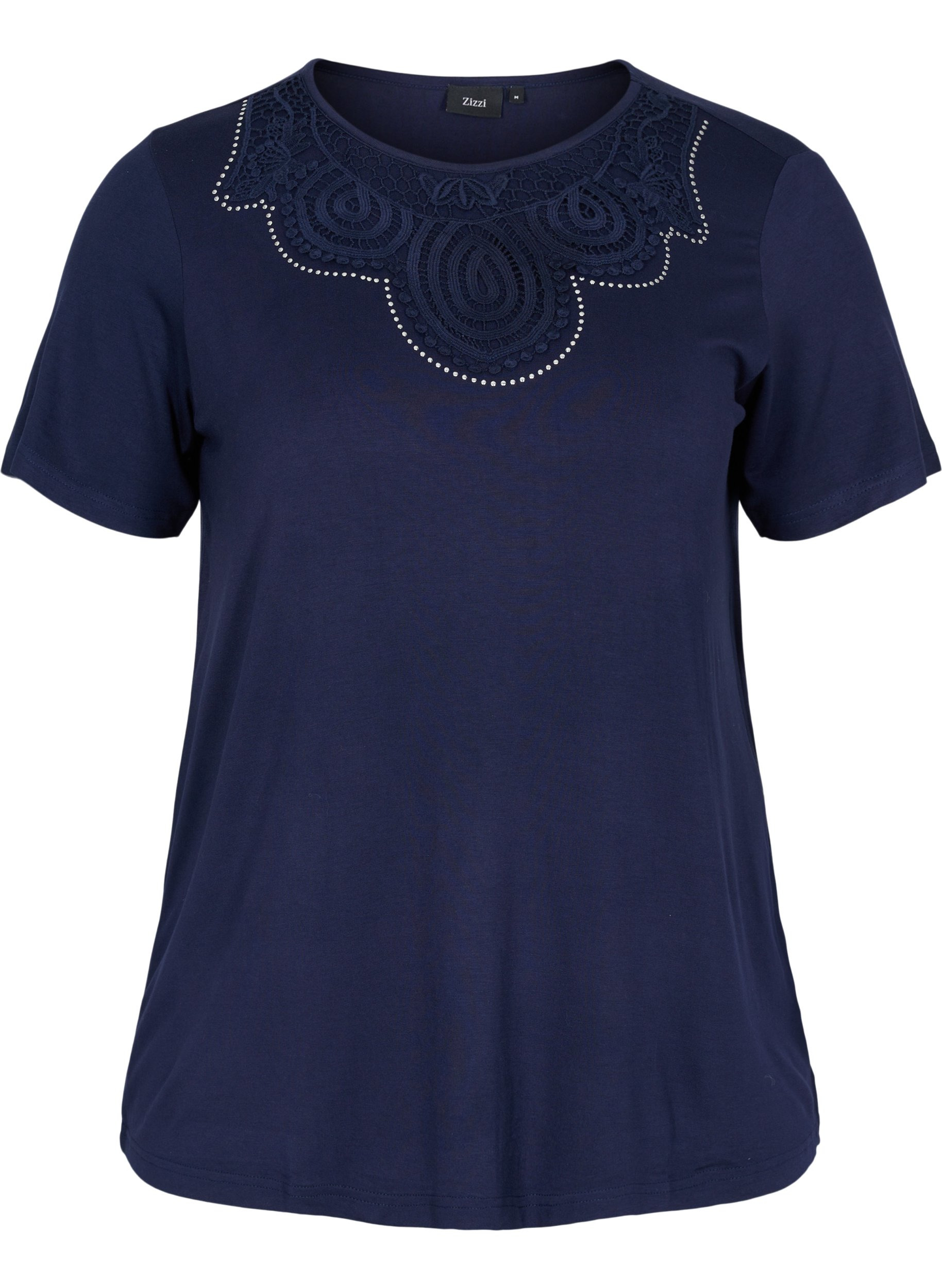 Kurzarm T-Shirt aus Viskose mit Spitzendetails, Navy Blazer, Packshot image number 0