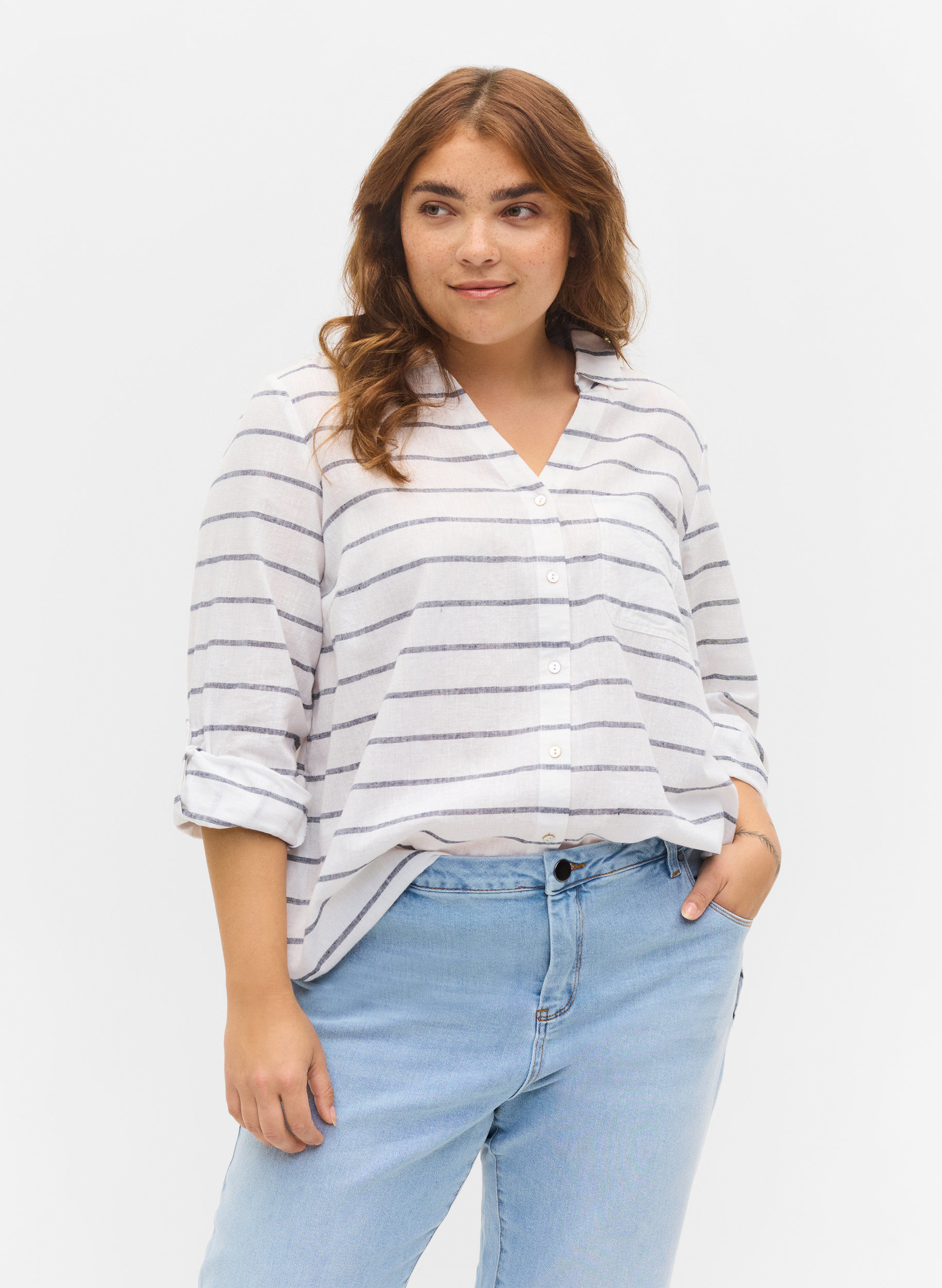 Bluse mit 3/4-Ärmeln und Knöpfen, Navy Blazer stripe, Model