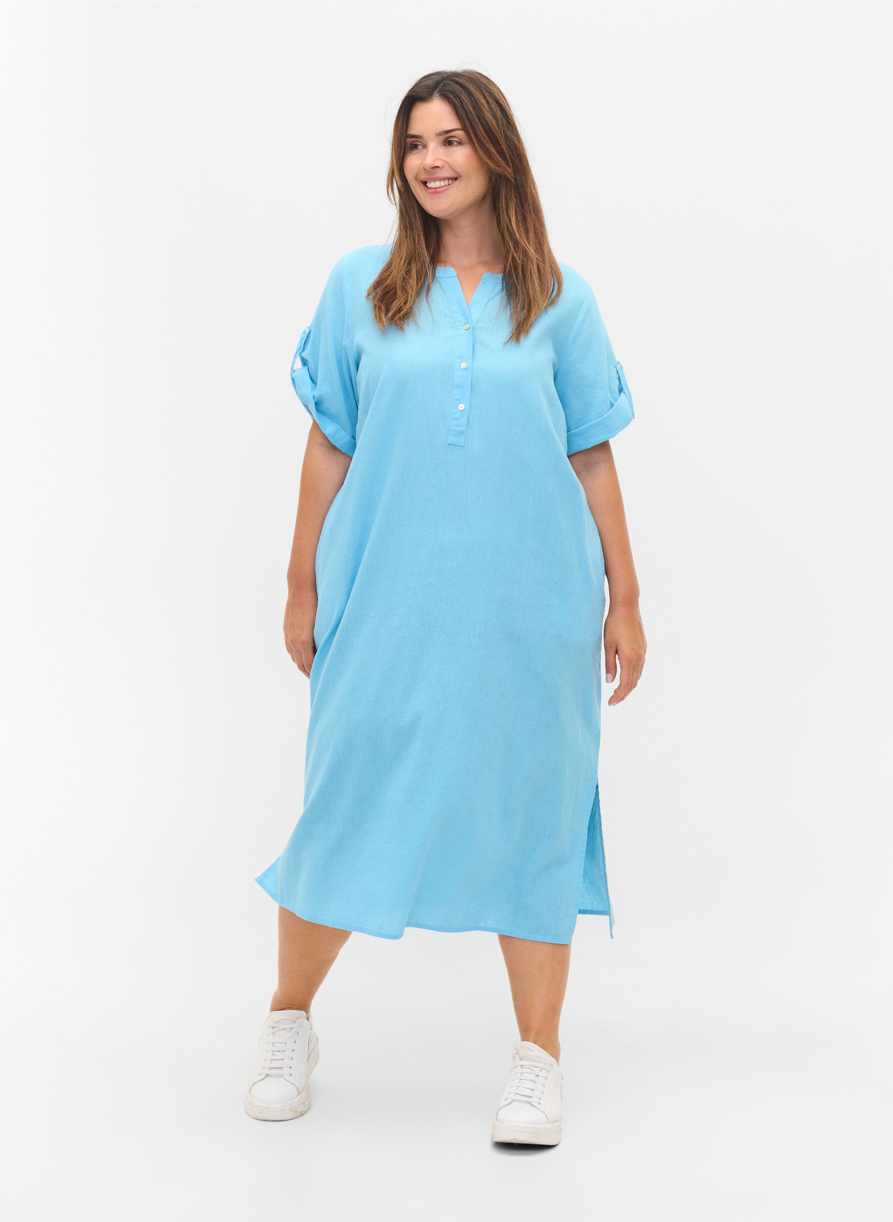 Langes kurzärmeliges Hemdkleid, Alaskan Blue, Model image number 2