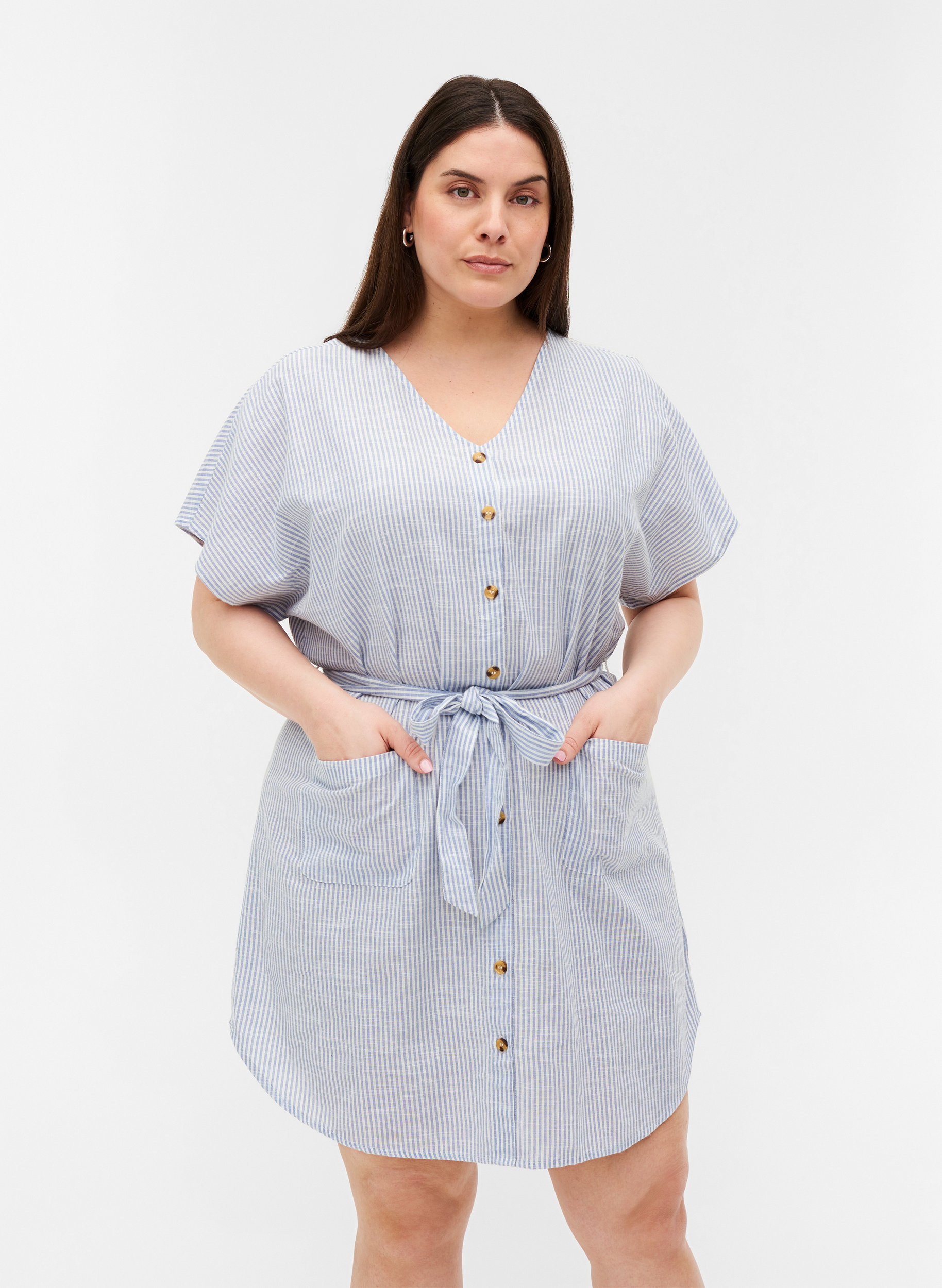 Gestreiftes Hemdkleid aus Baumwolle mit Taschen, Country Blue Stripe, Model