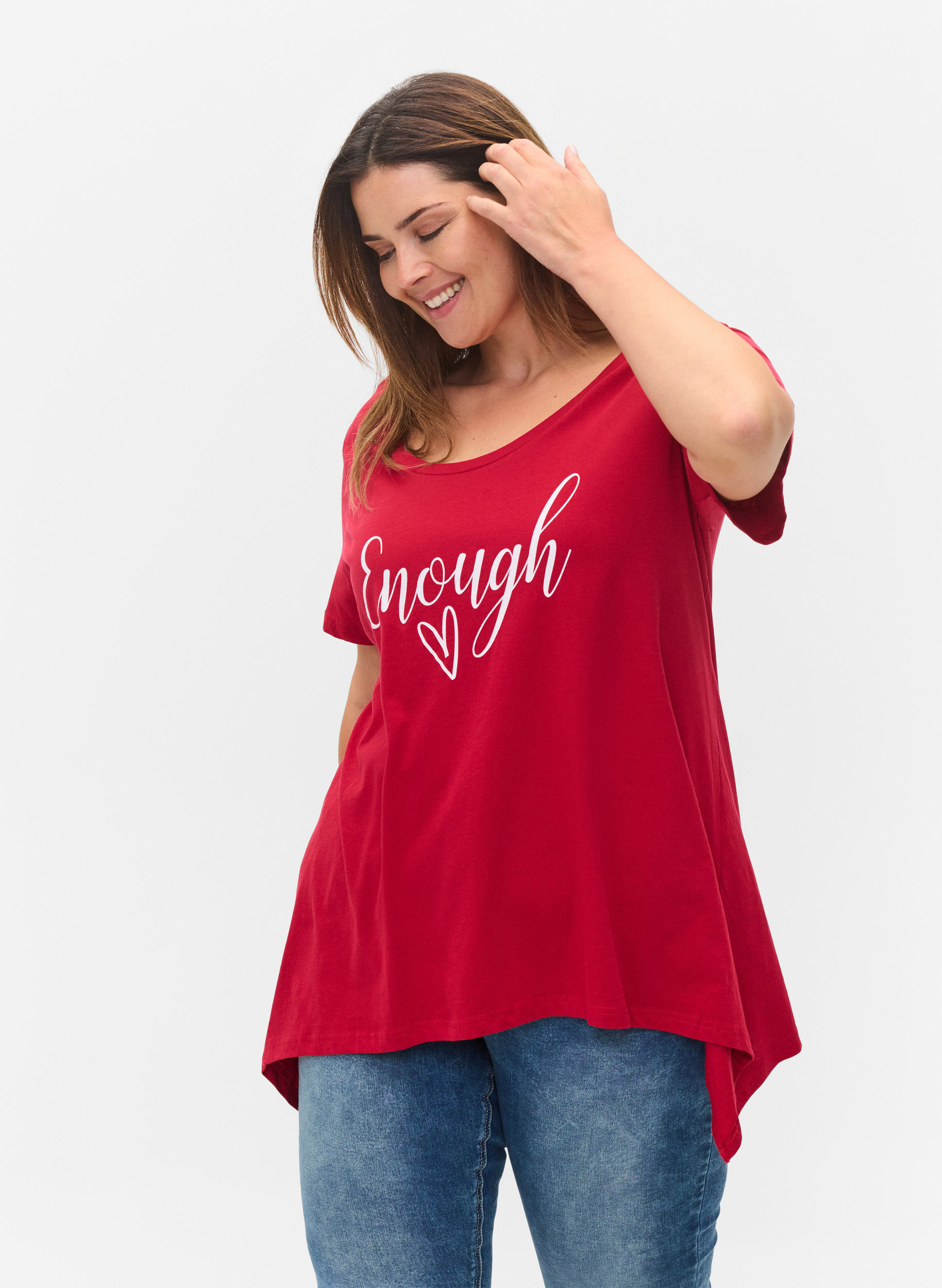 Kurzarm T-Shirt aus Baumwolle mit A-Linie, Tango Red ENOUGH, Model