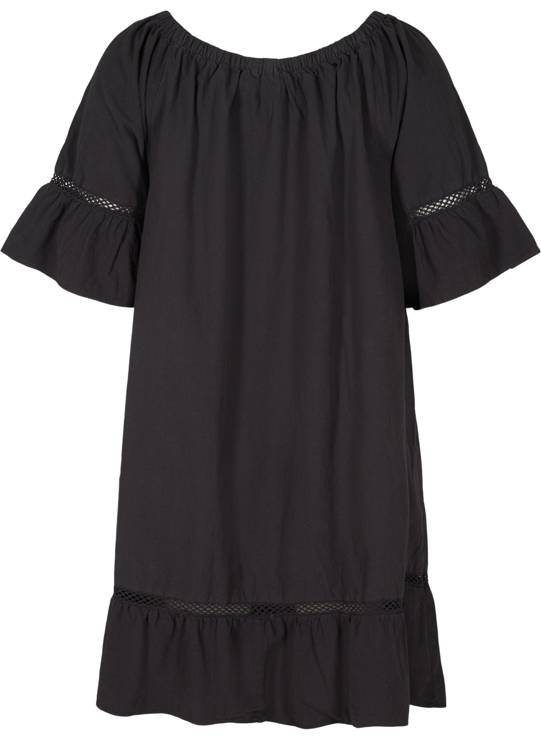 Baumwollkleid mit Spitze und kurzen Ärmeln, Black, Packshot image number 1