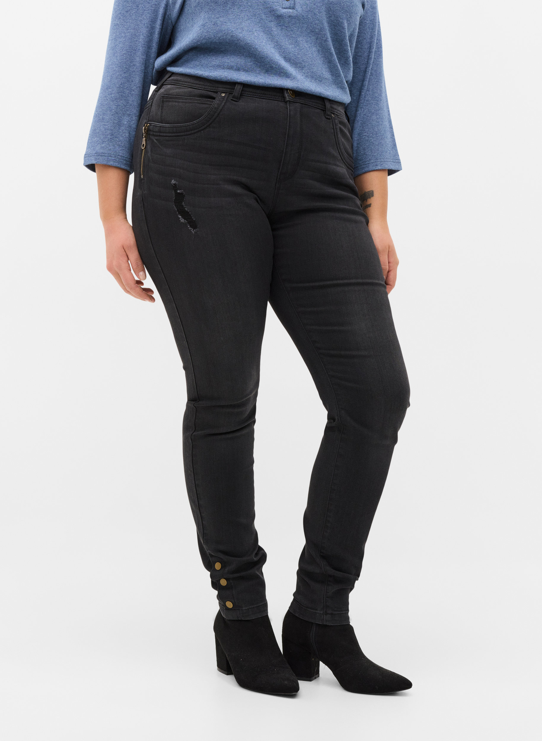 Super Slim Amy Jeans mit Schlitz und Knöpfen, Grey Denim, Model image number 2